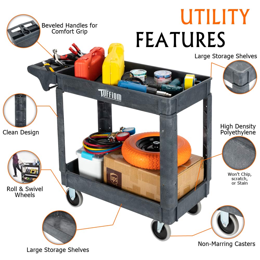 2-Tier Small 550lbs Capacity Shelf Plastic Utility Cart with Wheels Grey