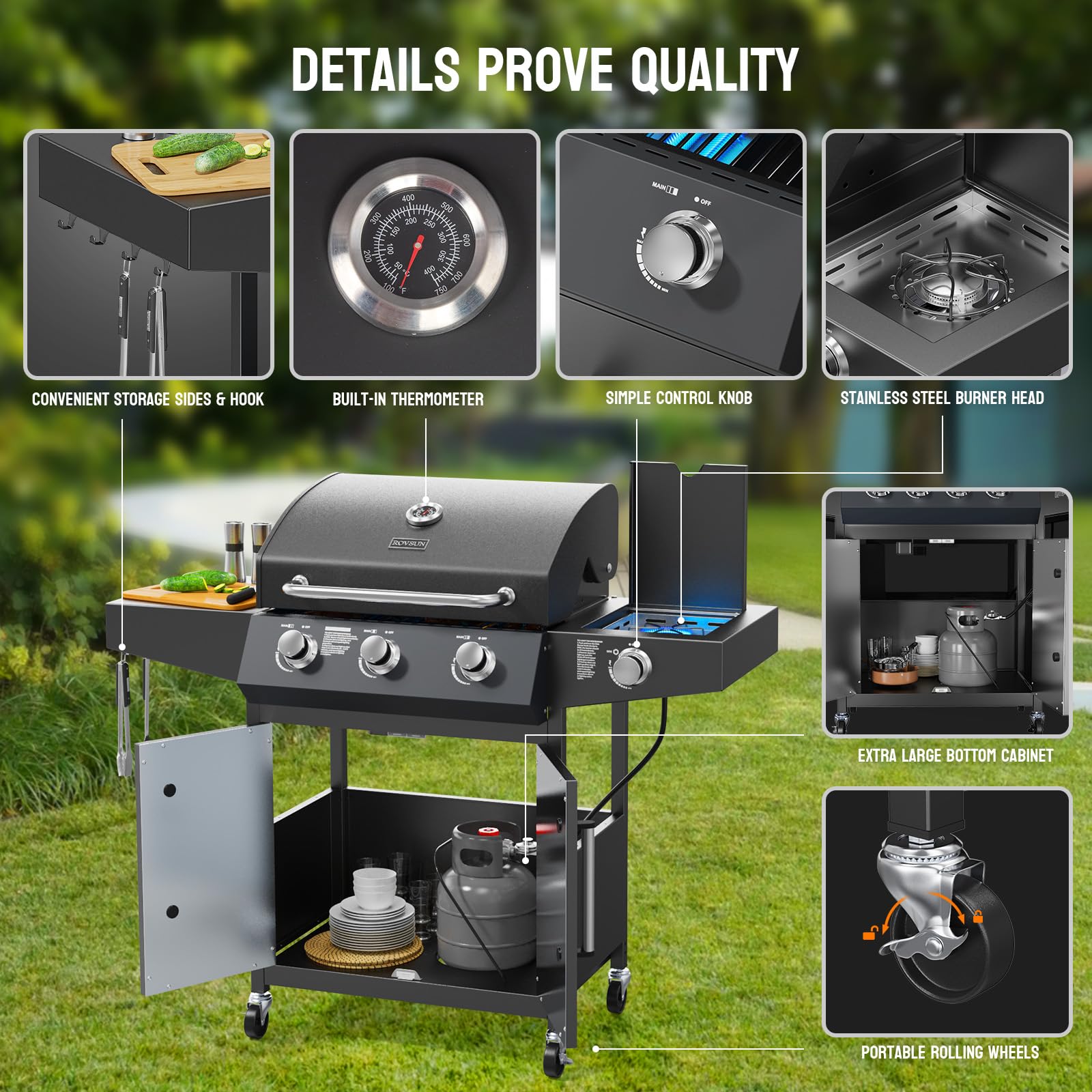 ROVSUN 3 Burner 46,000 BTU Propane Gas Grill with Side Burner