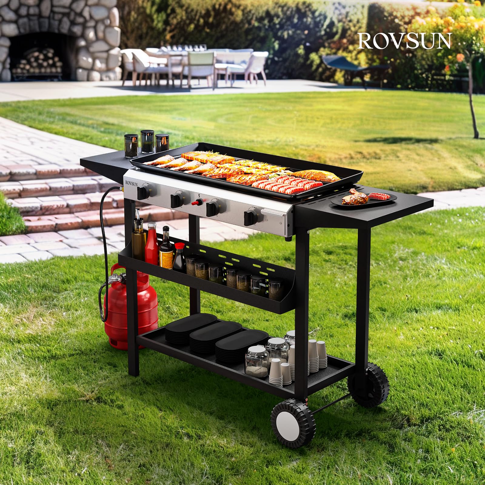 ROVSUN 4 Burner 40,000 BTU Portable Propane Rolling Flat Top Gas Grill with Stand