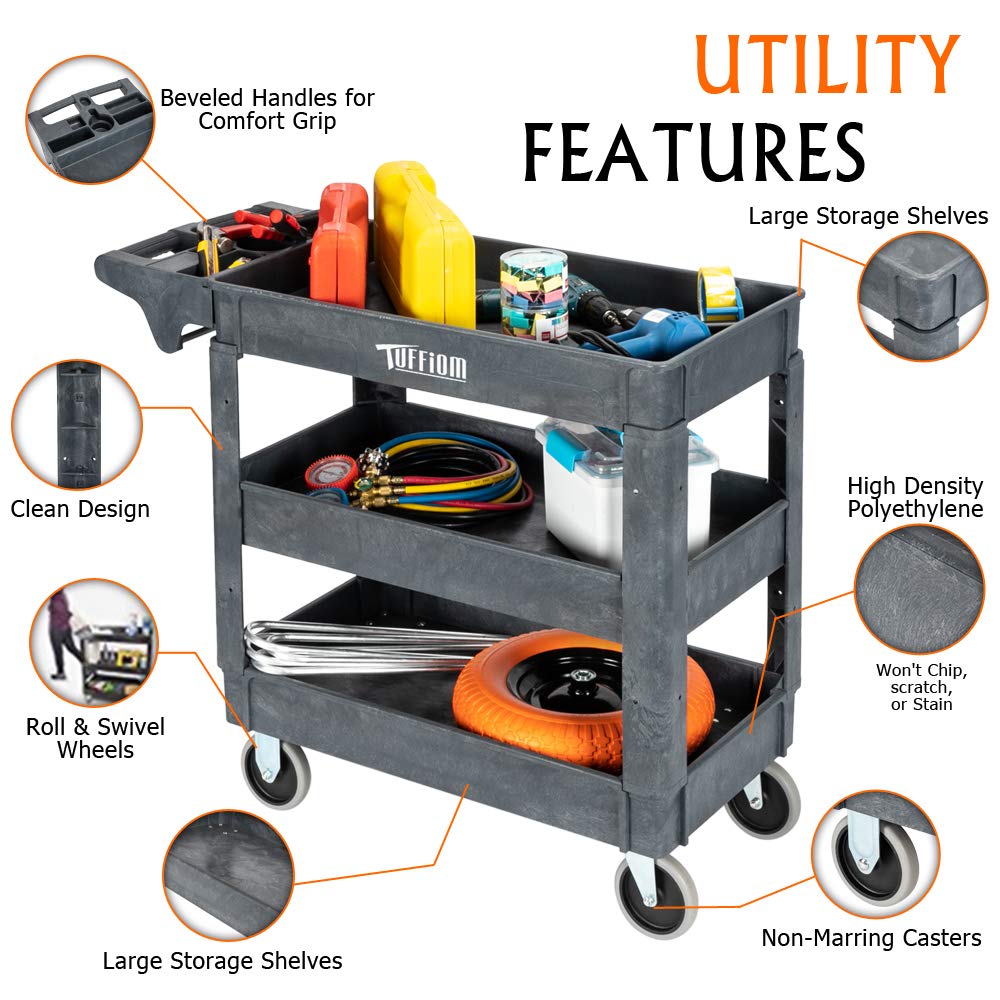 3-Tier Small 550lbs Capacity Shelf Plastic Utility Cart with Wheels Grey