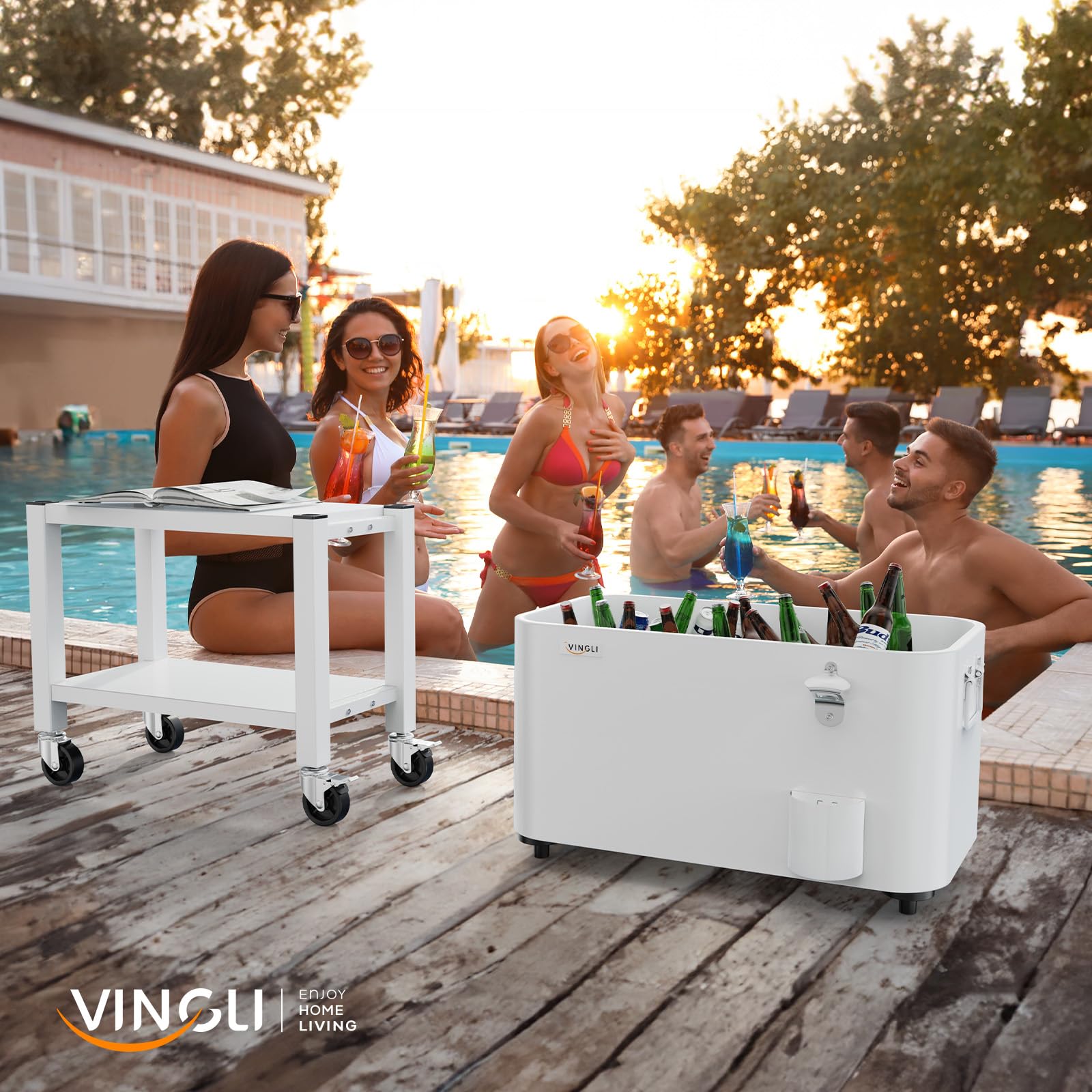 60 Quart Portable Patio Rooling Cooler Cart Detachable White