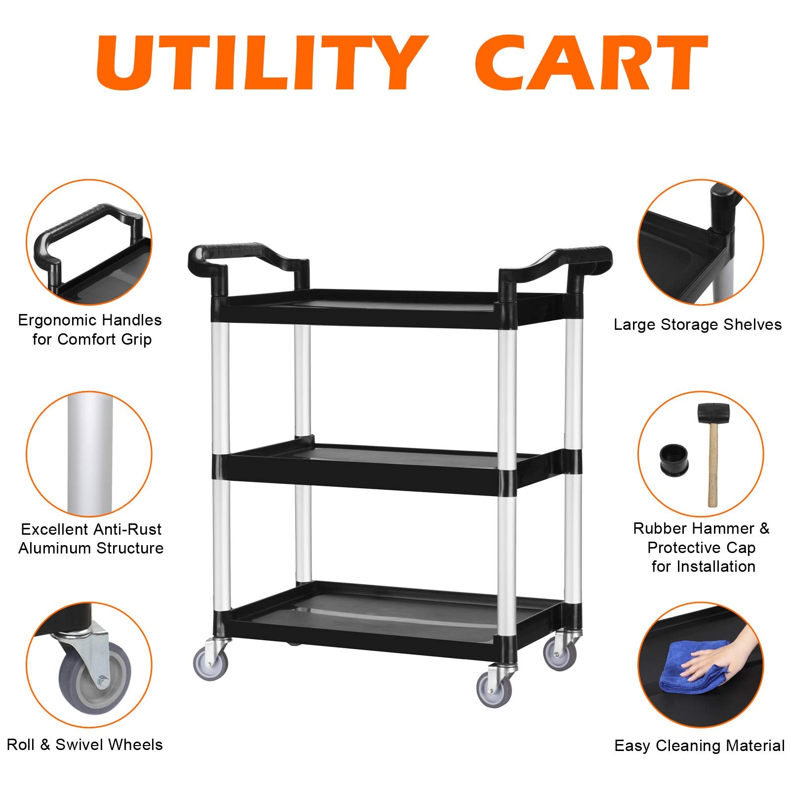 3-Tier 30" x 12" 330 lb. Capacity Plastic Utility Cart/Bussing Cart Black