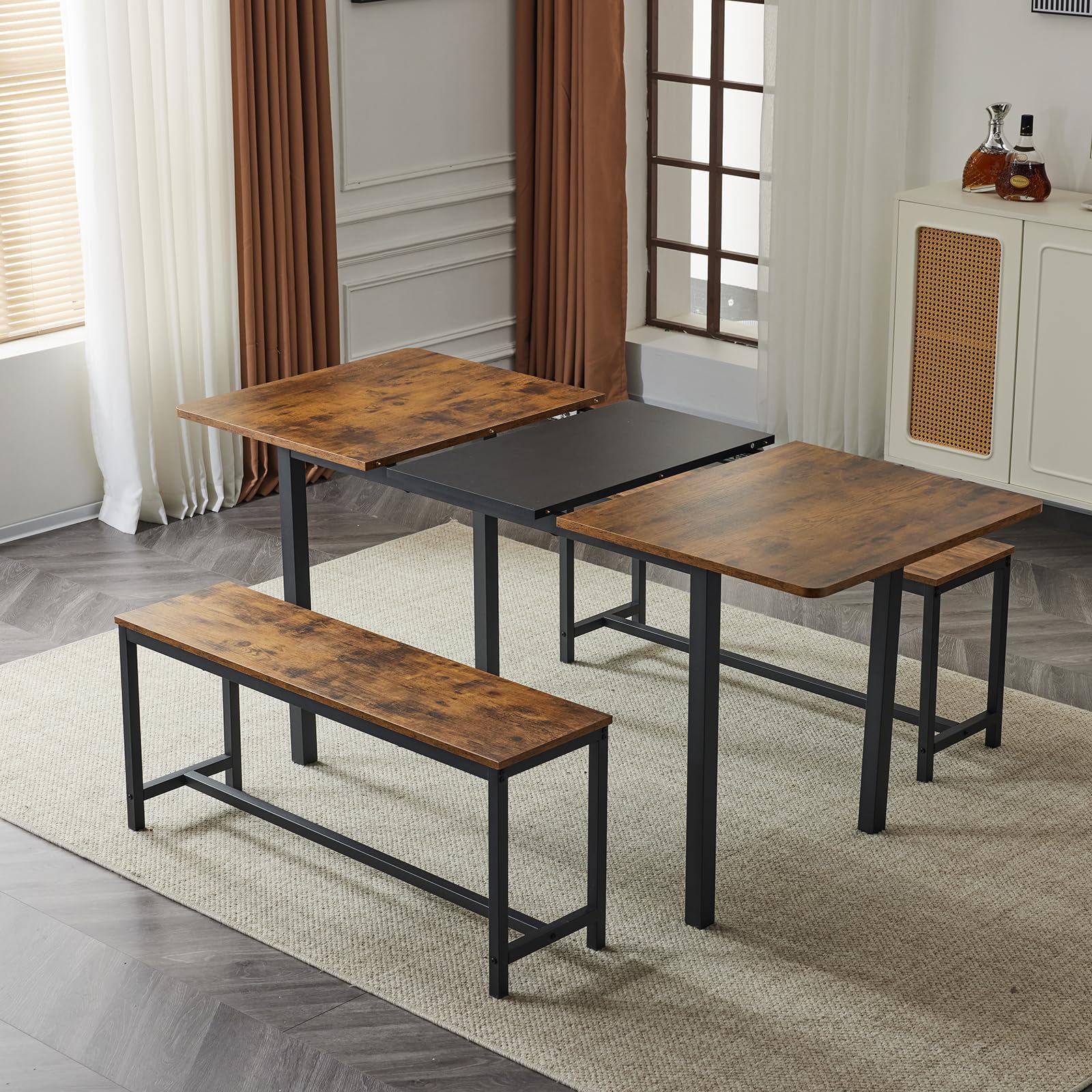 3 Piece Dining Table Set Expandable & Foldable Table with 2 Benches Black Brown