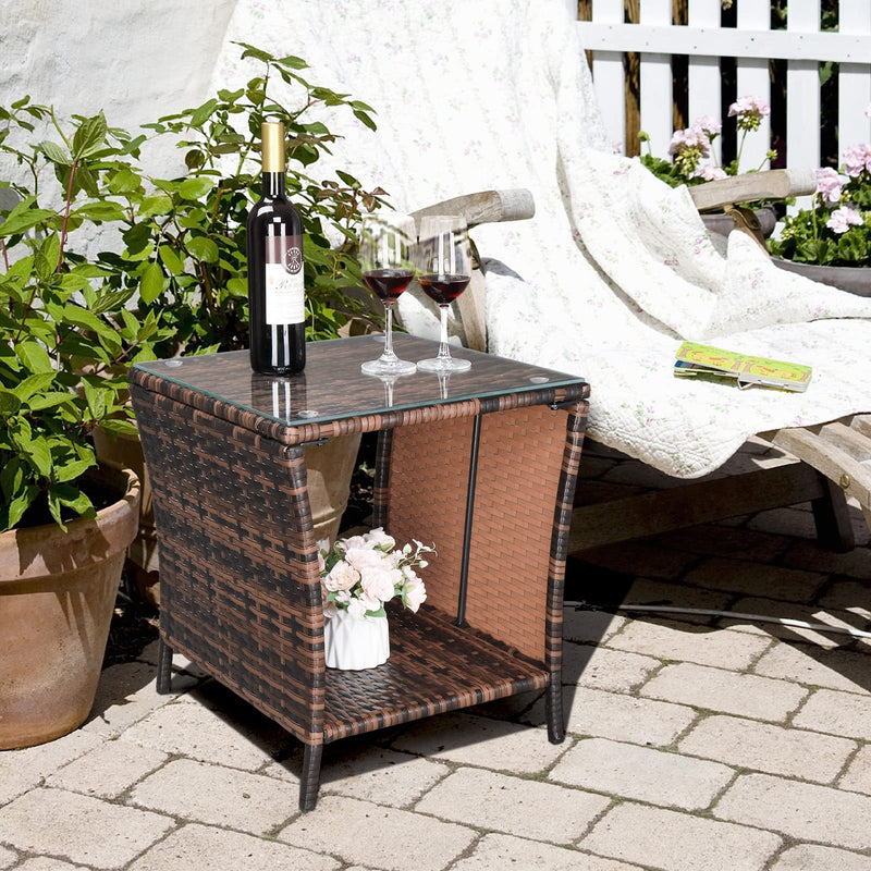 Outdoor Wicker Side Table with Storage Brown