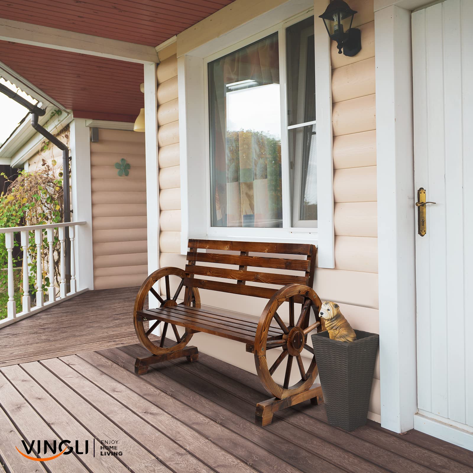 41 Inch Outdoor Bench with Rustic Wooden Wheel