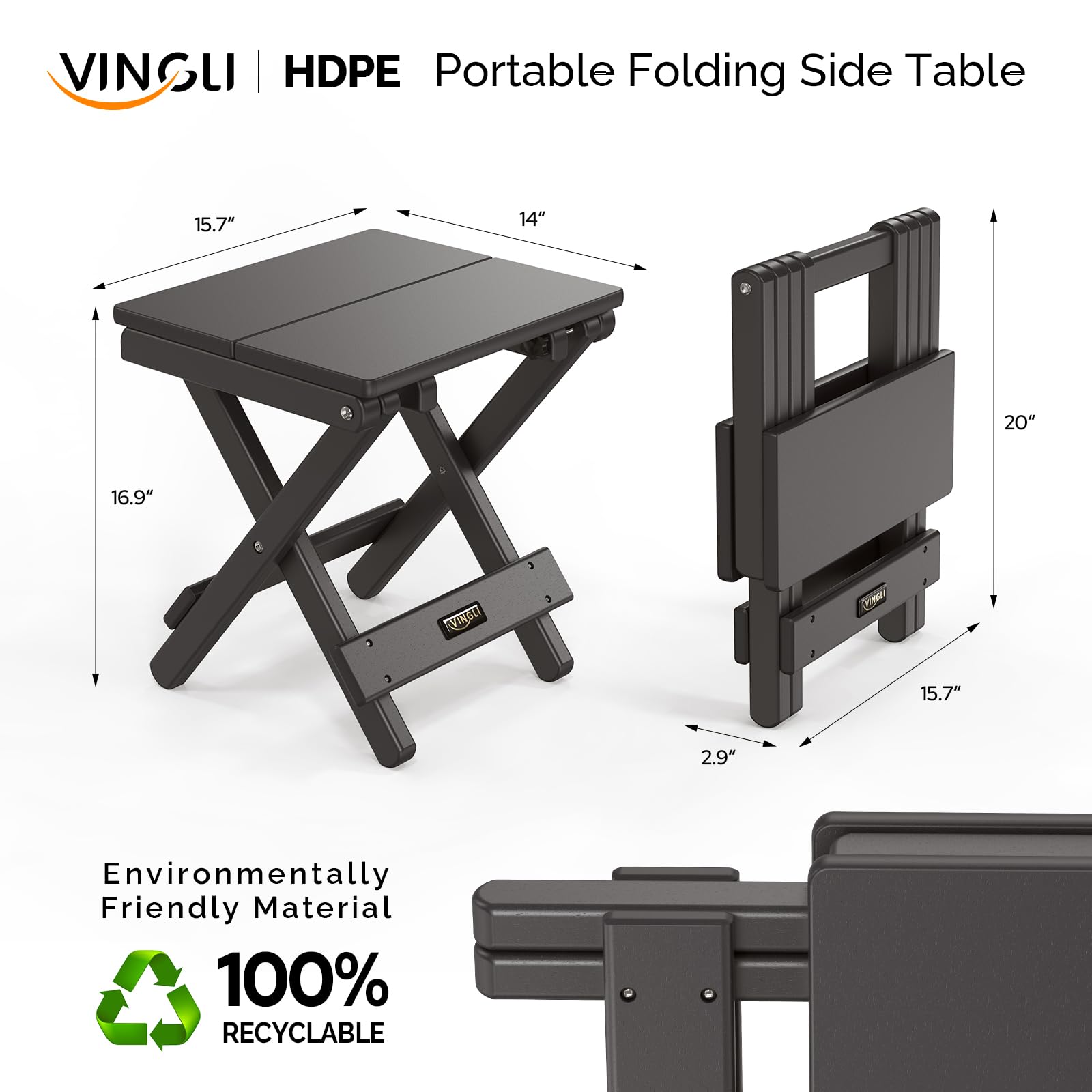 Square HDPE Folding Side Table Black