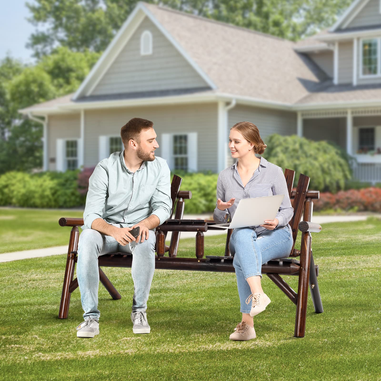 61 Inch Outdoor Bench Adirondack Bench with Built-in Table