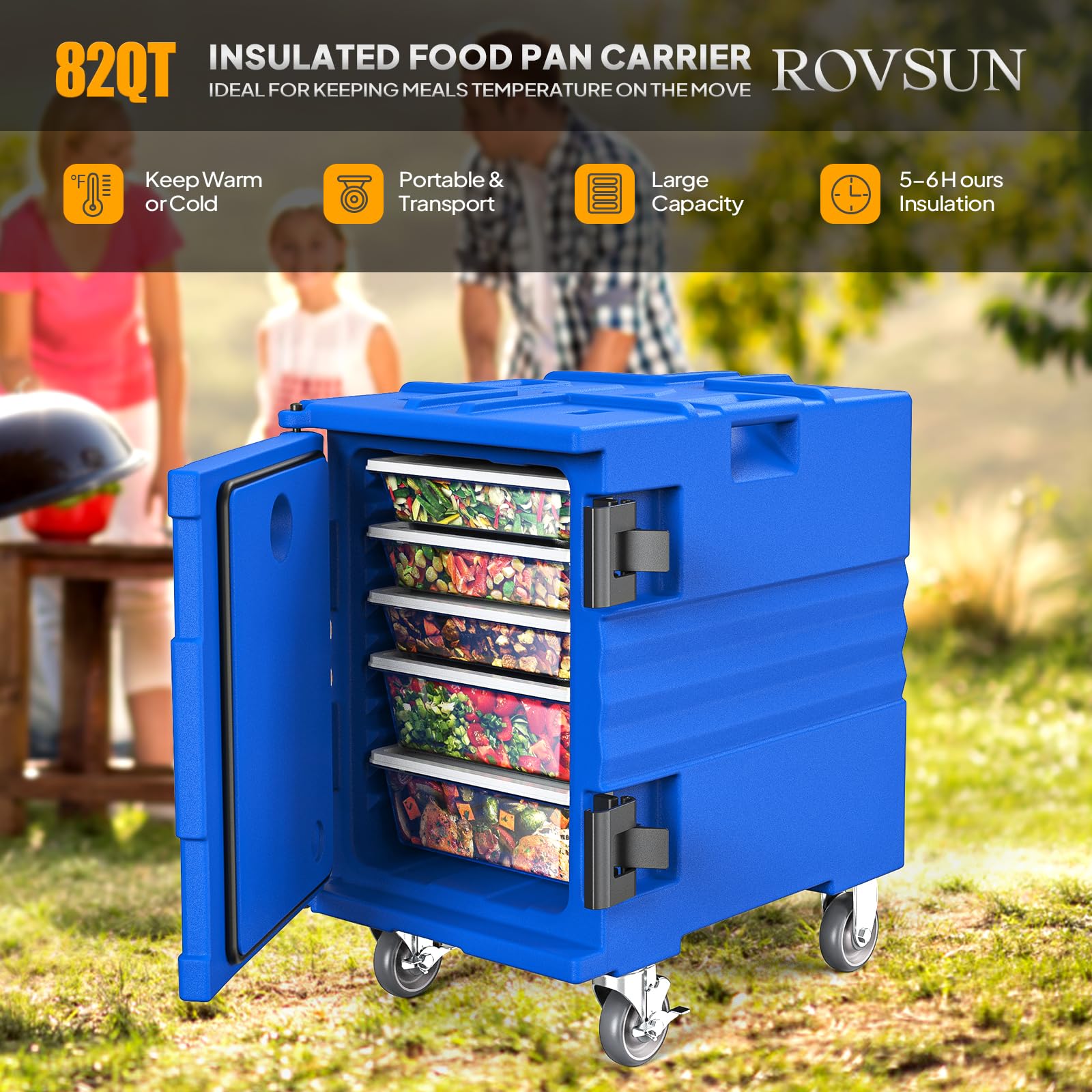 ROVSUN 82 QT Insulated Food Pan Carrier with Lockable Wheels Blue