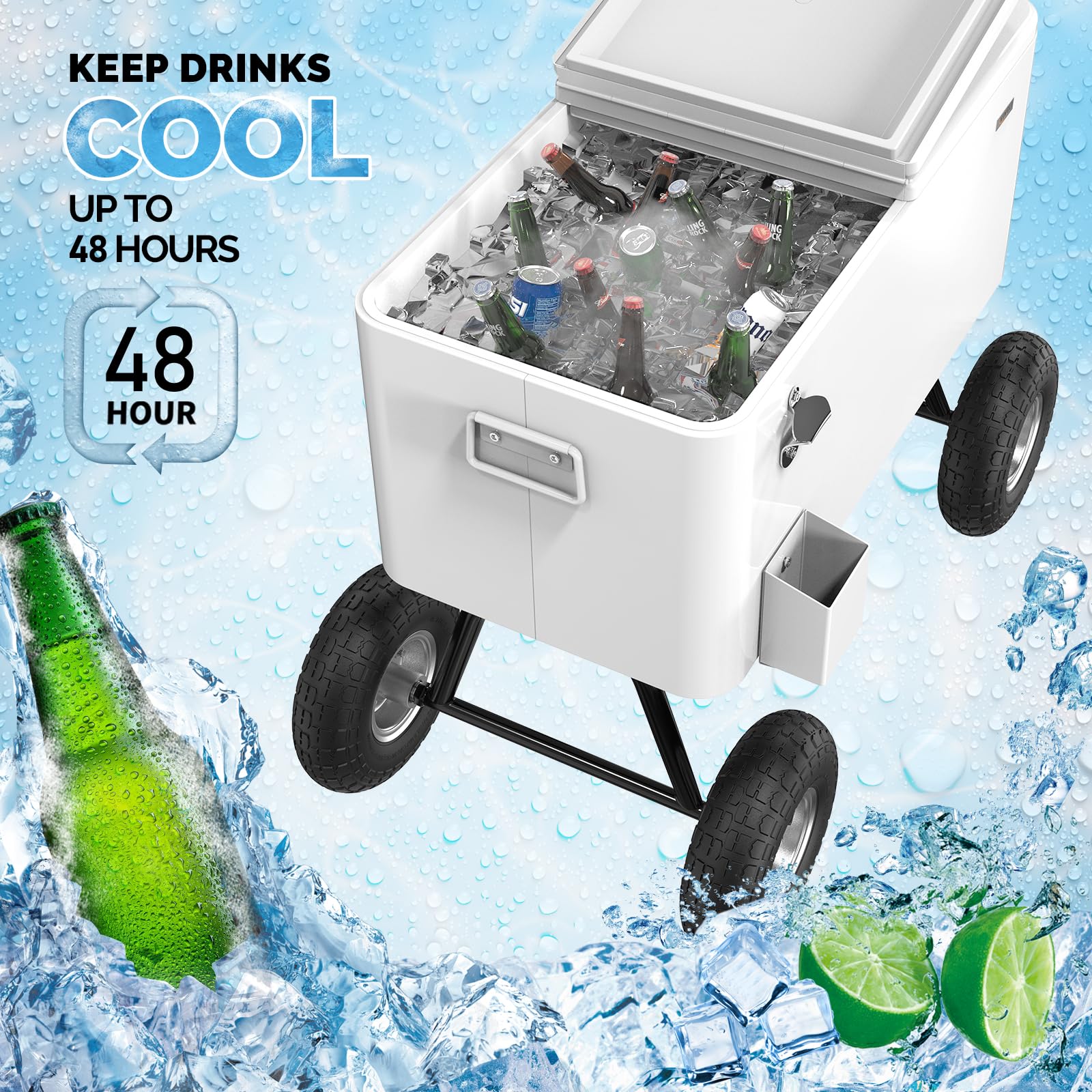 80 Quart Wagon Rolling Cooler Ice Chest with 10" Wheels White