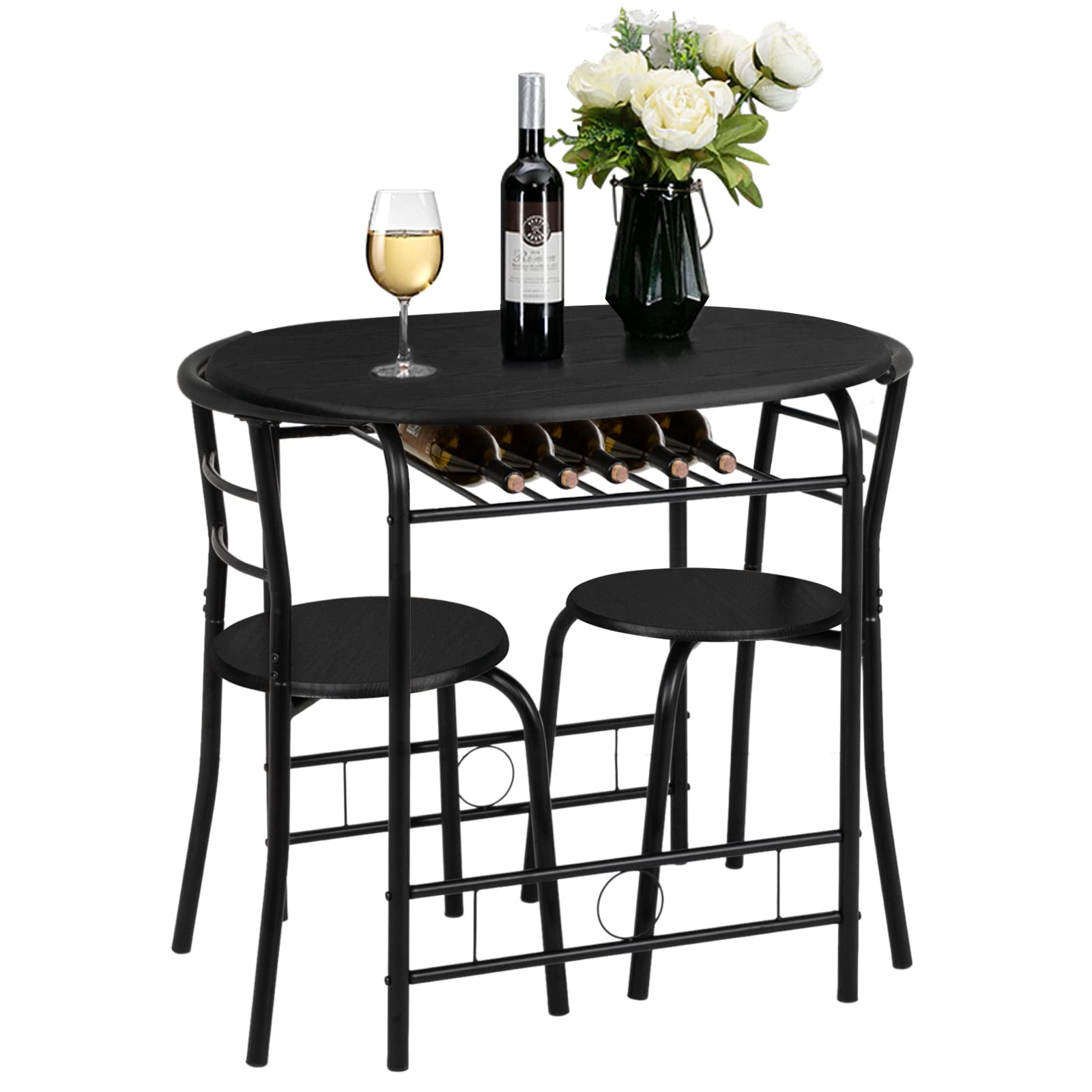 3 Piece Dining Set Wooden Table and 2 Chairs Black