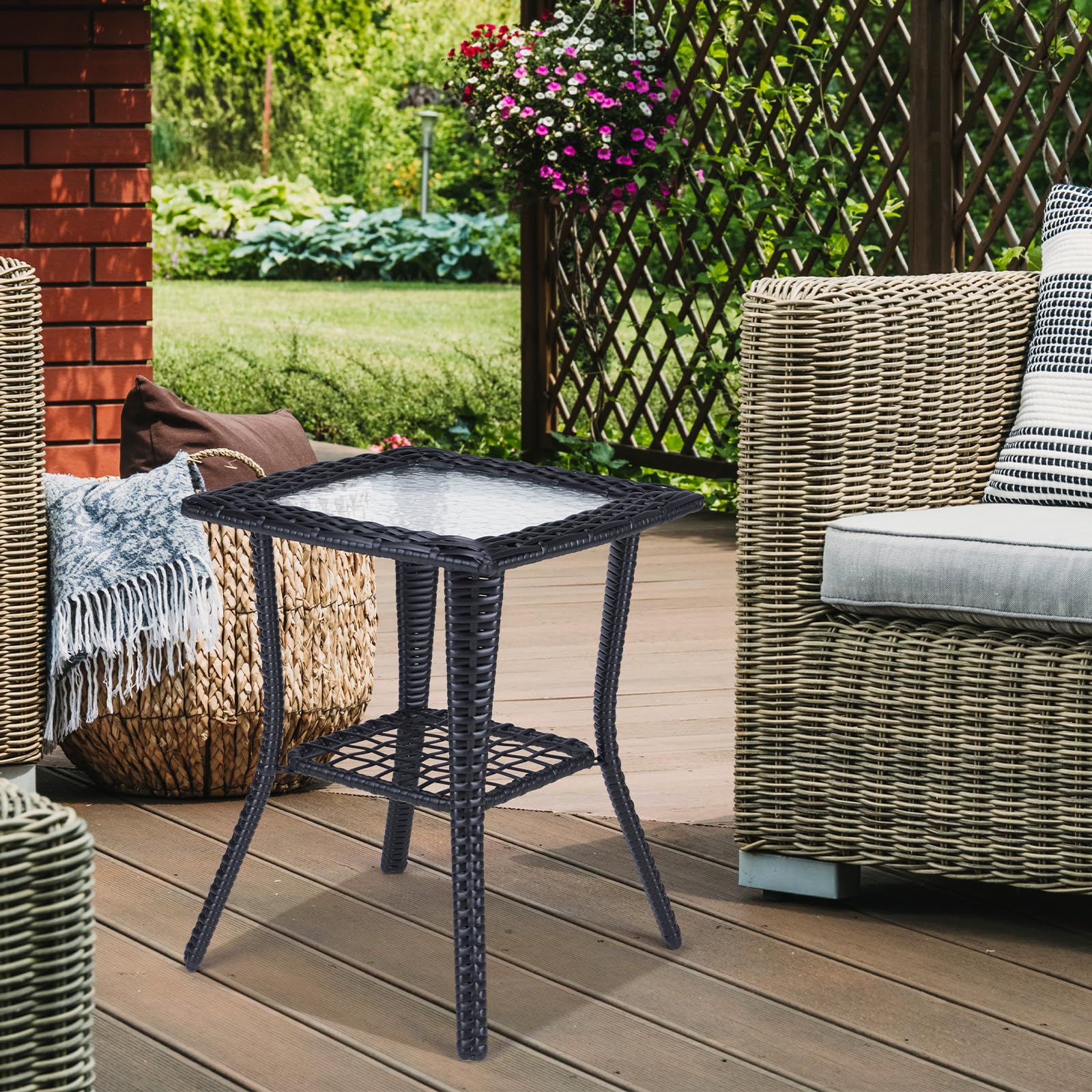 Outdoor Wicker Side Table with Tempered Glass Top Black