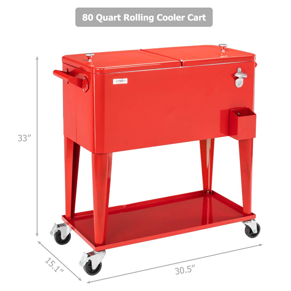 80 Quart Portable Outdoor Patio Rooling Cooler Cart Red