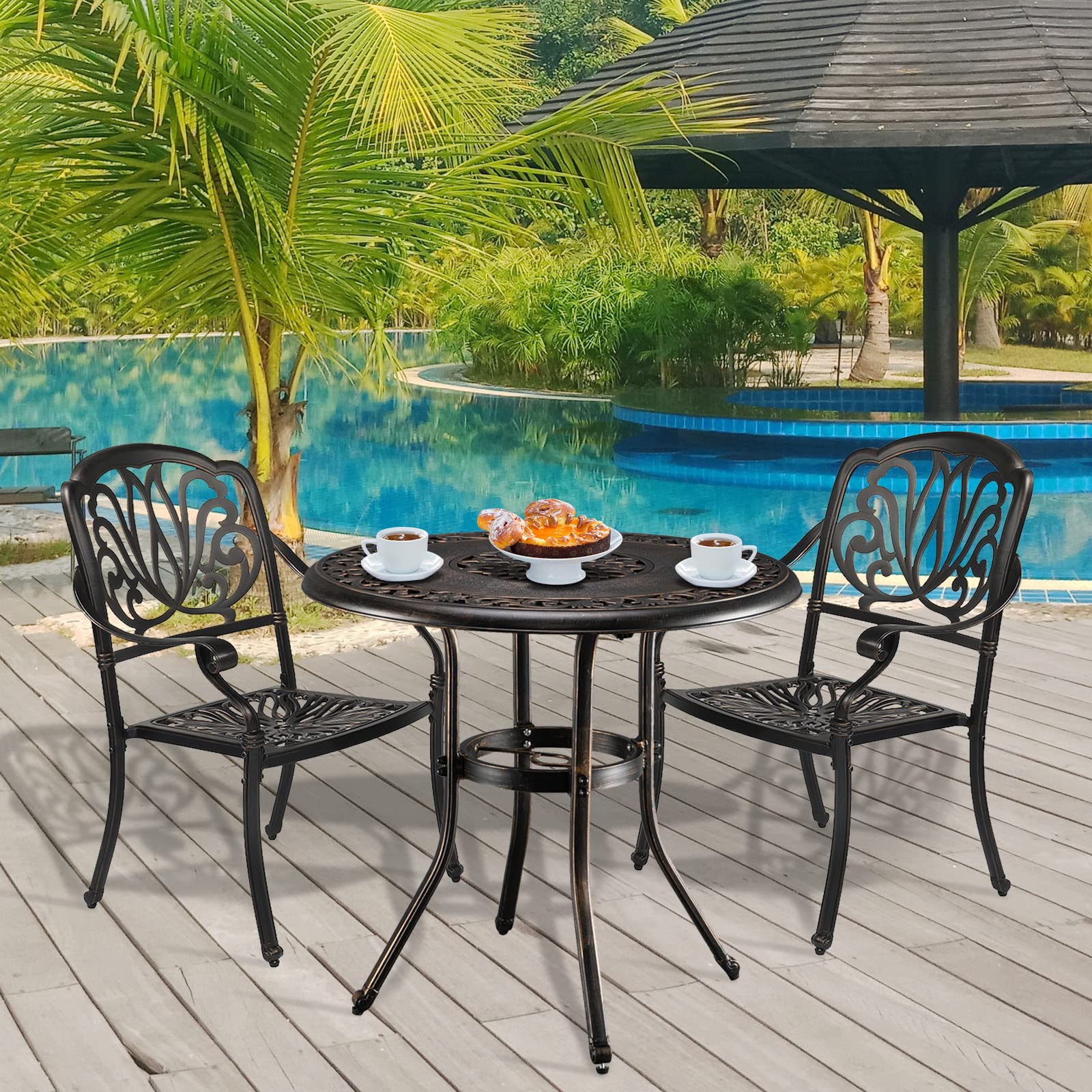 32 Inch Round Outdoor Dining Table with Umbrella Hole Bronze