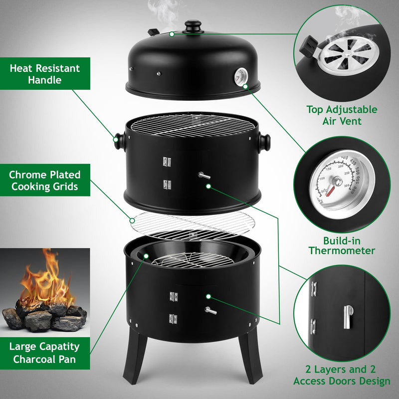 17 Inch 3-in-1 Portable Outdoor Grill Cooker with Built-in Thermometer