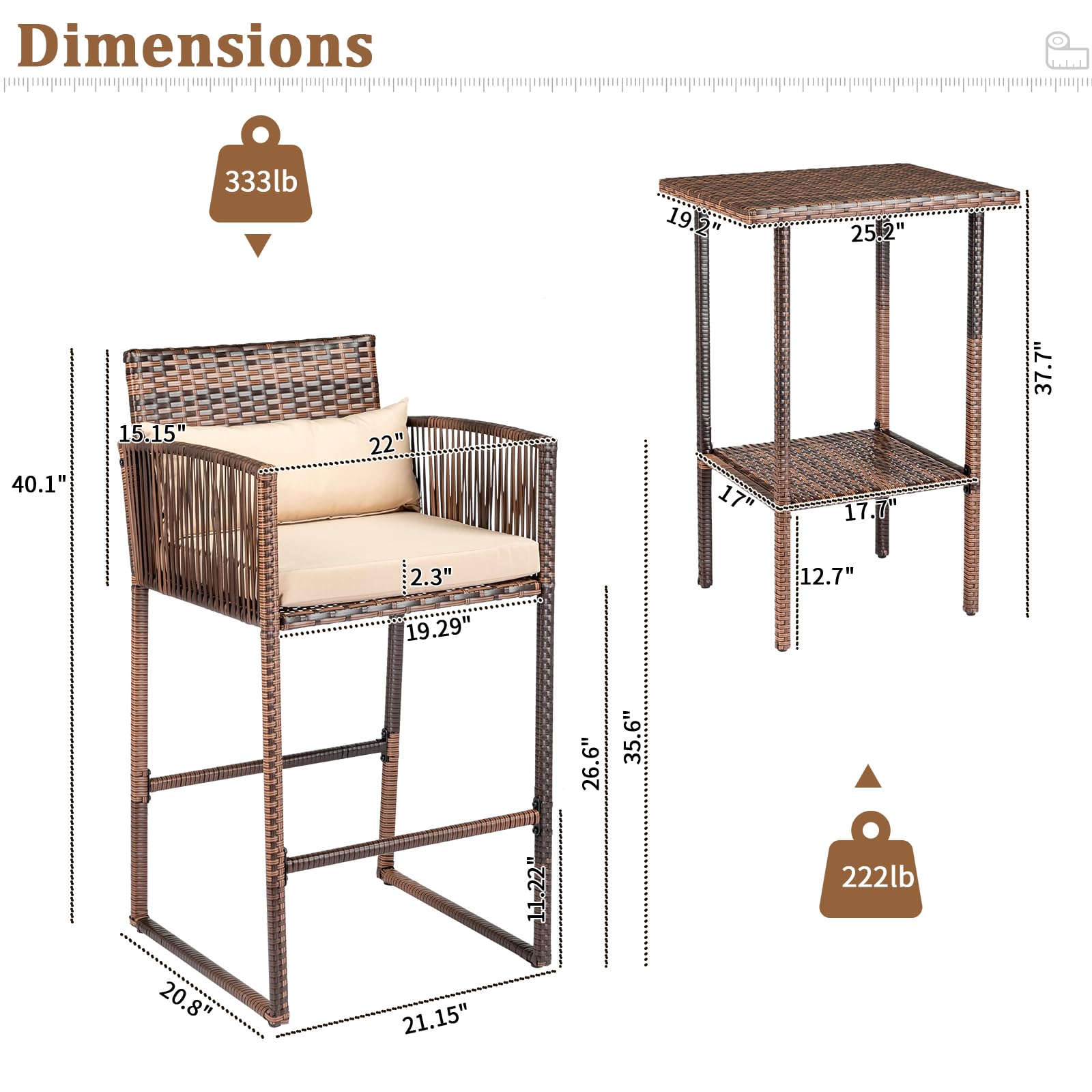 Outdoor Wicker Bar Stools and Table with Storage Shelf