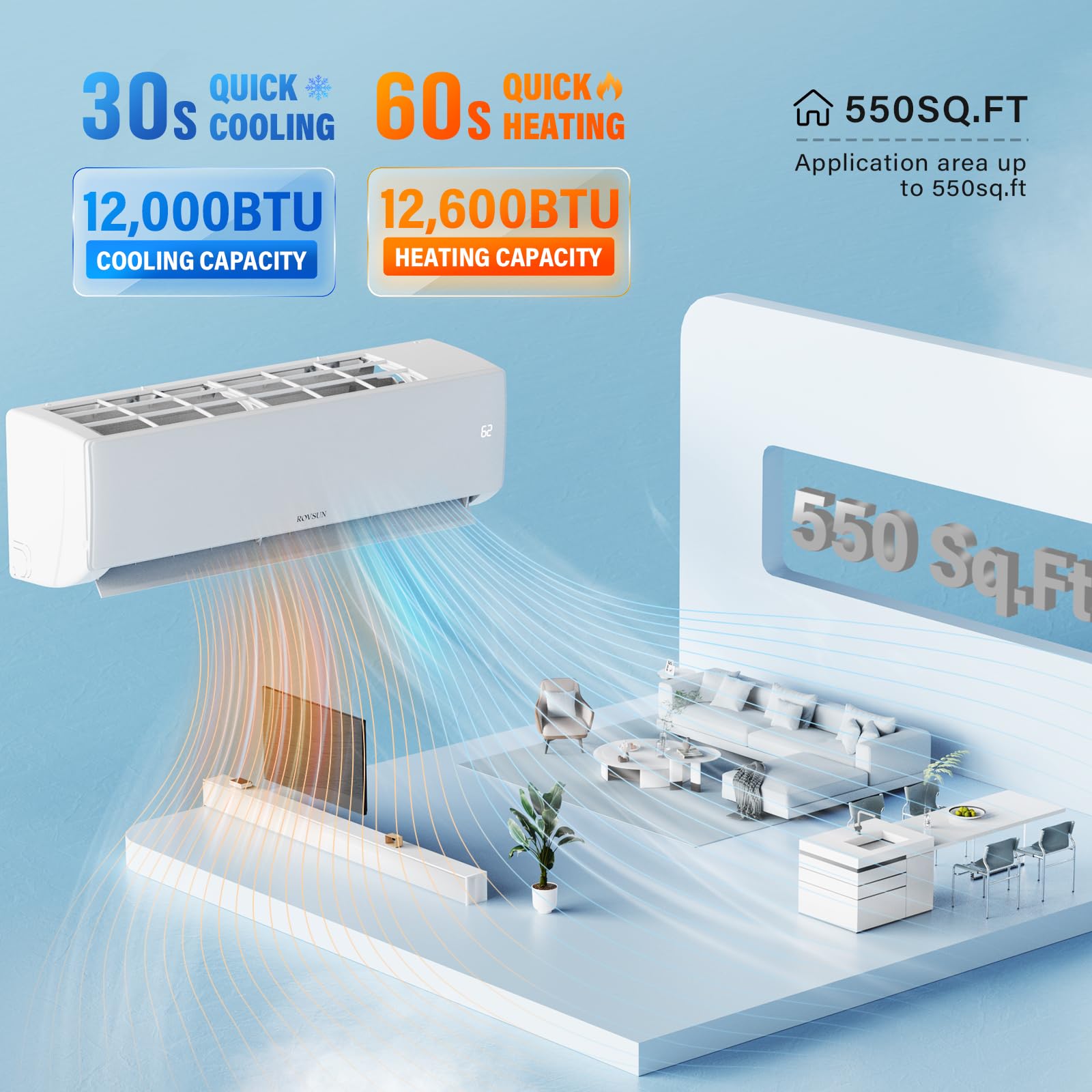 ROVSUN 12,000 BTU 21 SEER2 230V Wifi Enabled Ductless Mini Split Air Conditioner with Heat Pump Inverter & Install Kit