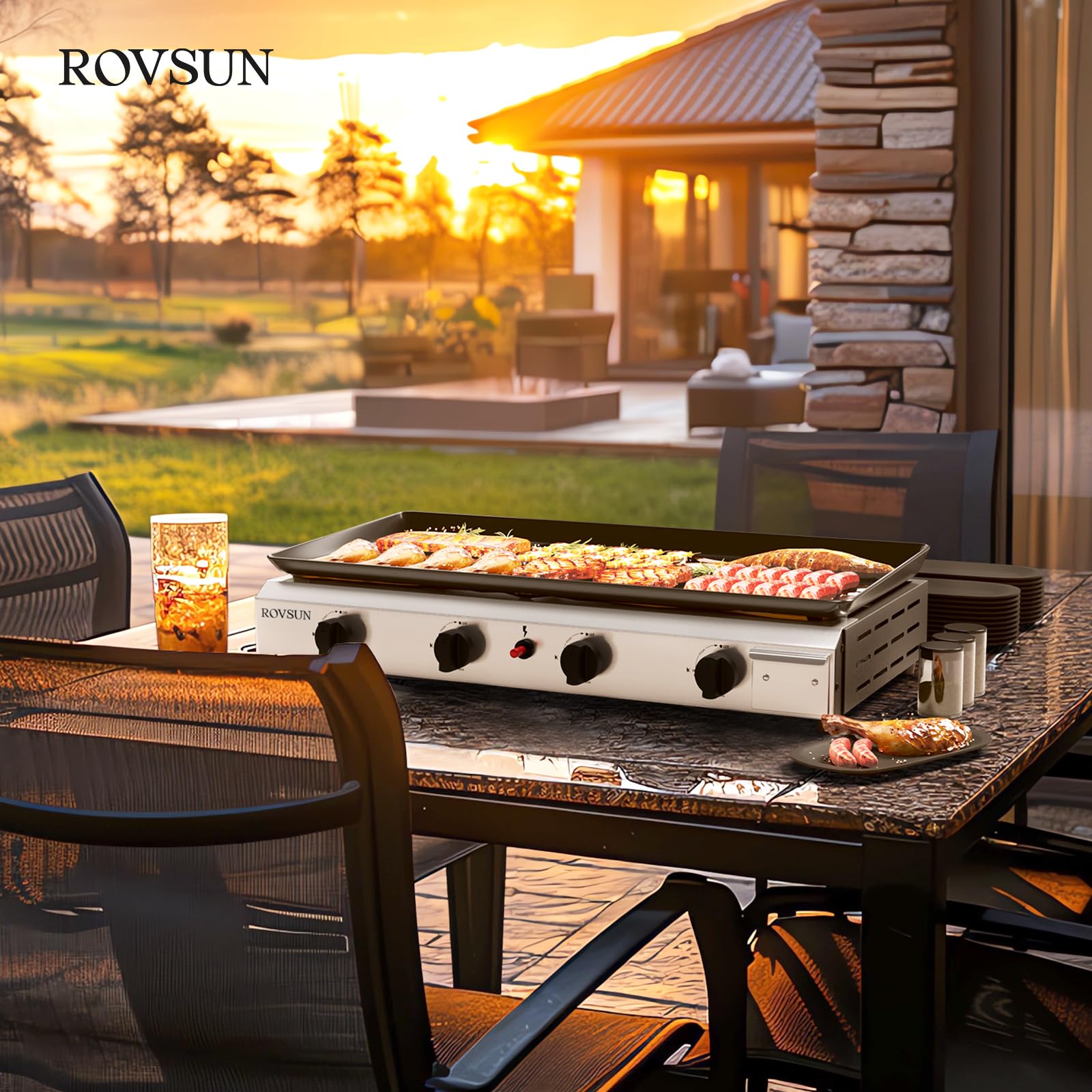 ROVSUN 4 Burner 40000 BTU Portable Propane Tabletop Flat Top Gas Grill