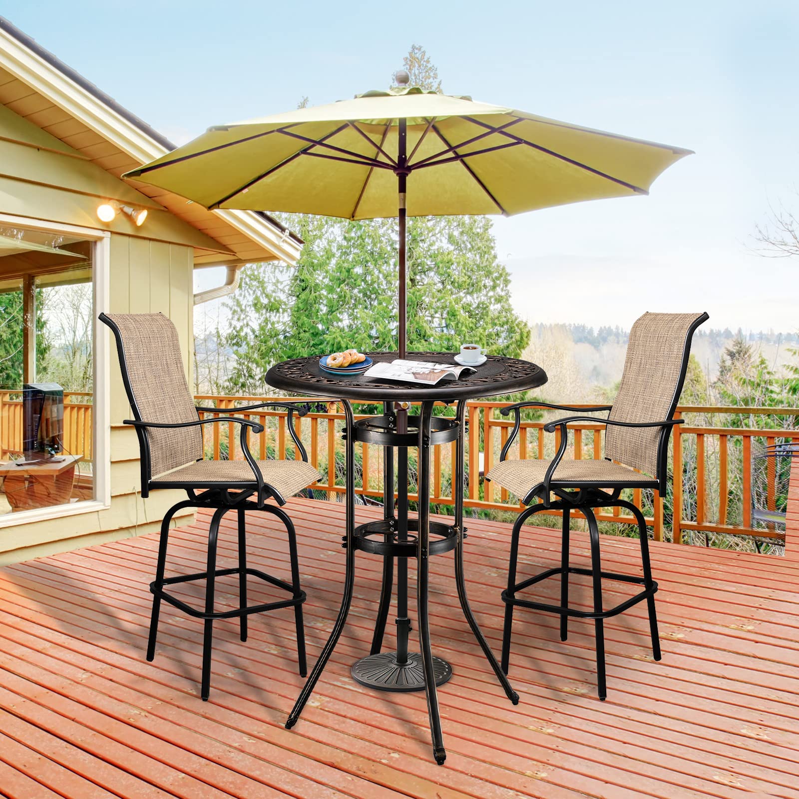 32 Inch Round Outdoor Bar Table with Umbrella Hole Bronze