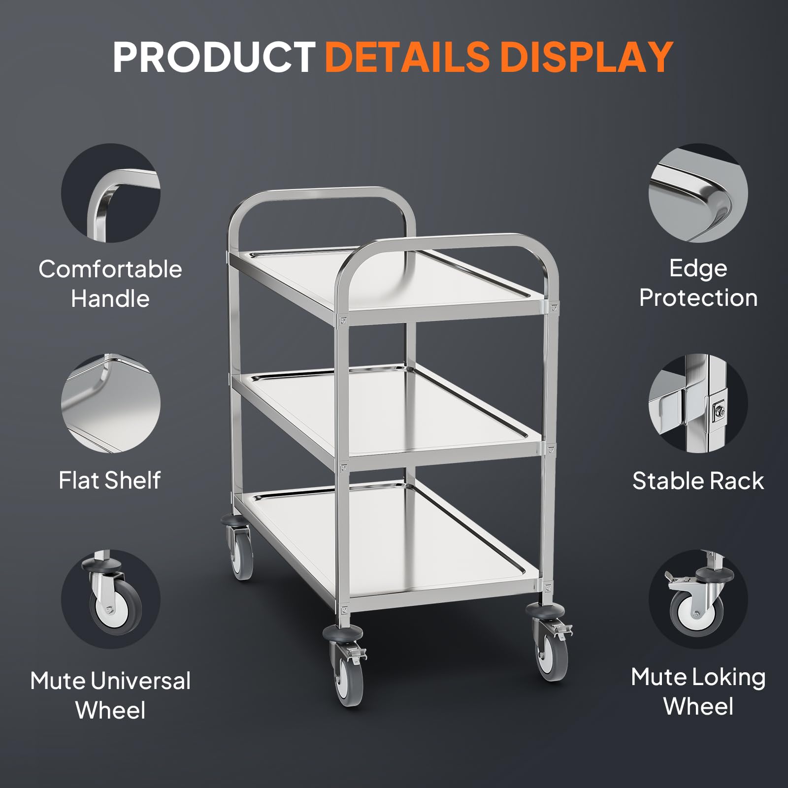 3-Tier Medium 330lbs Capacity Stainless Steel Utility Cart with Wheels