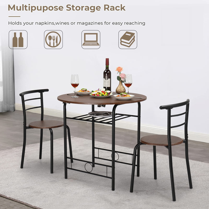 3 Piece Drop Leaf Dining Set Round Folding Table and 2 Chairs Black Brown