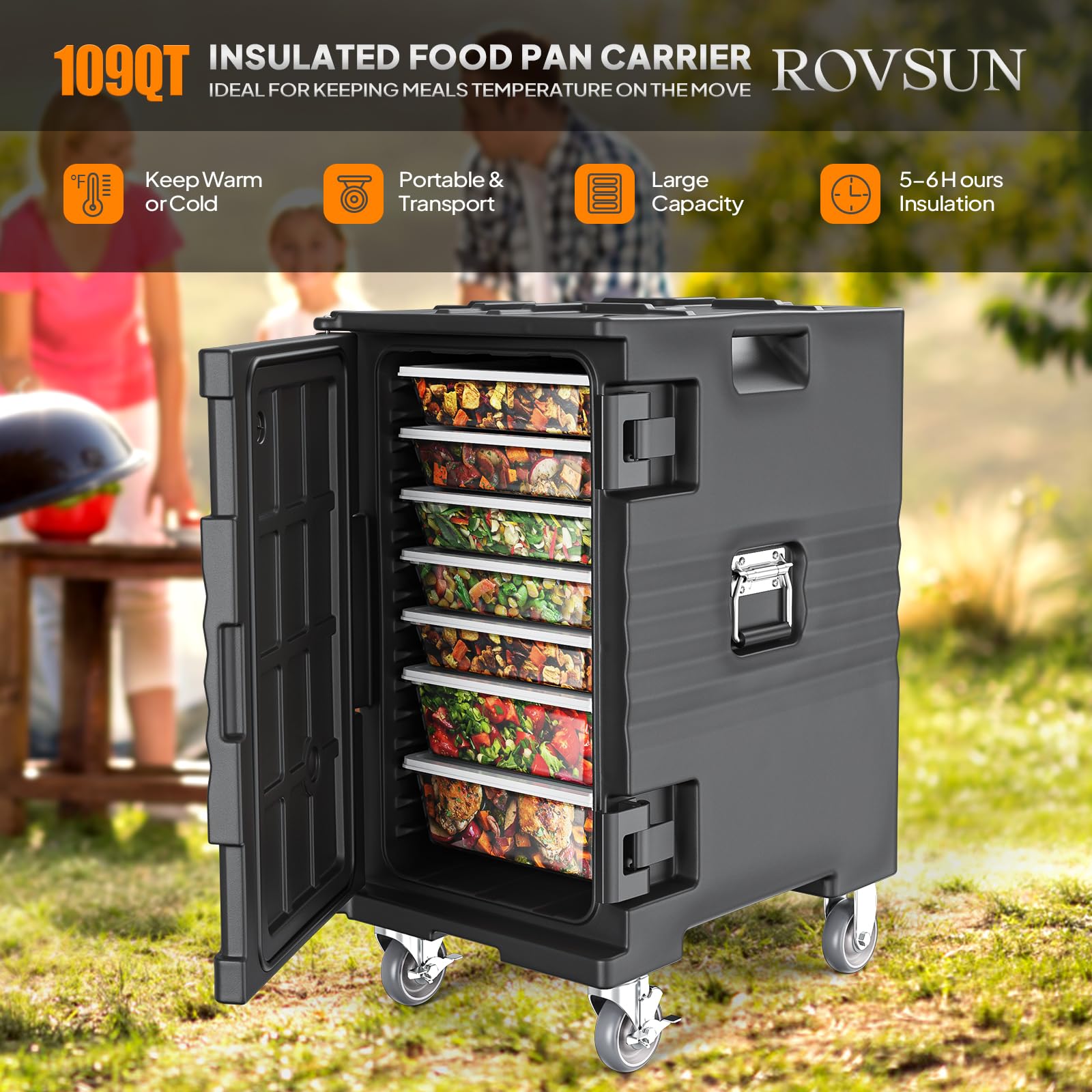 ROVSUN 109 QT Insulated Food Pan Carrier with Lockable Wheels Black