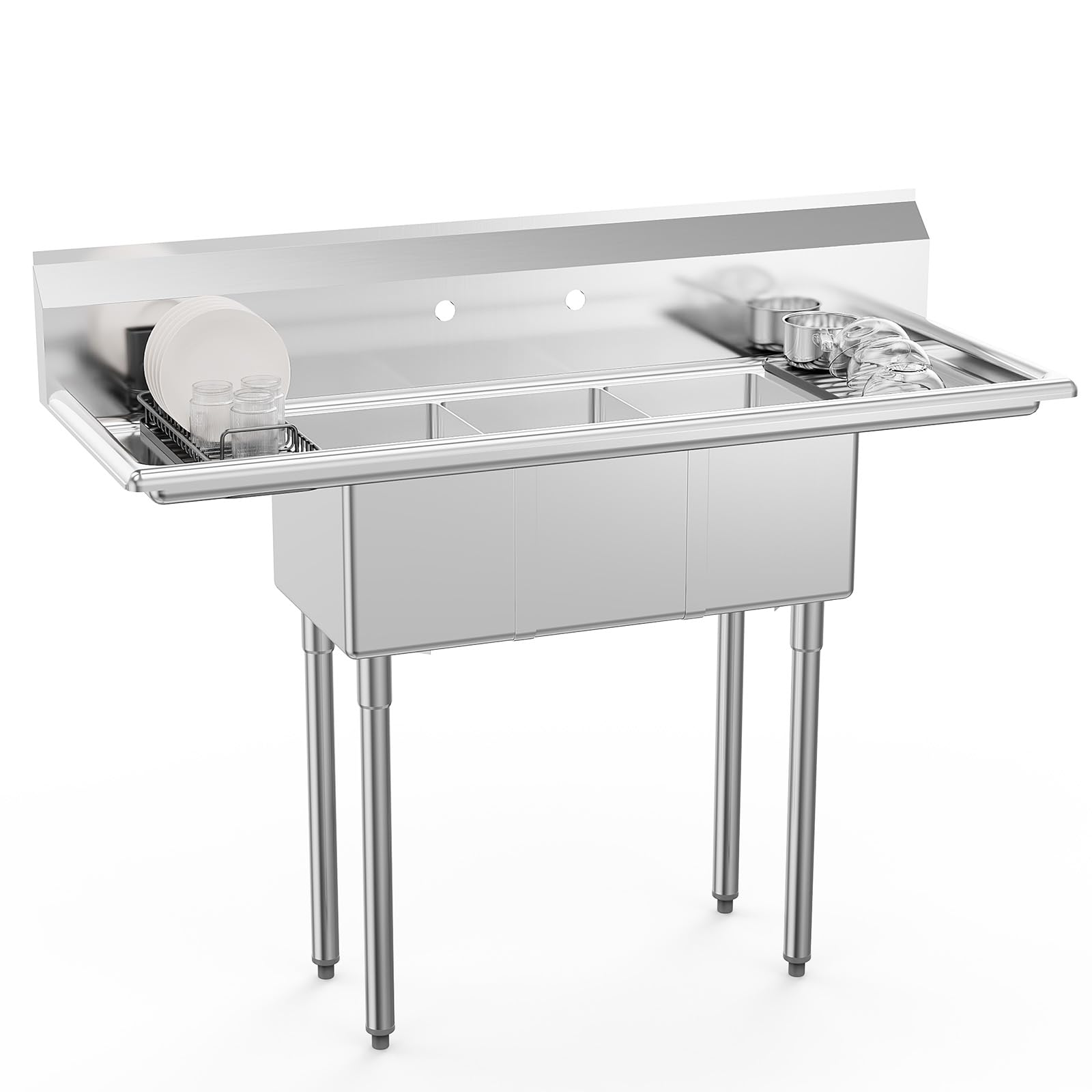 ROVSUN 3 Compartment 304 Stainless Steel Sink with 2 Drainboards