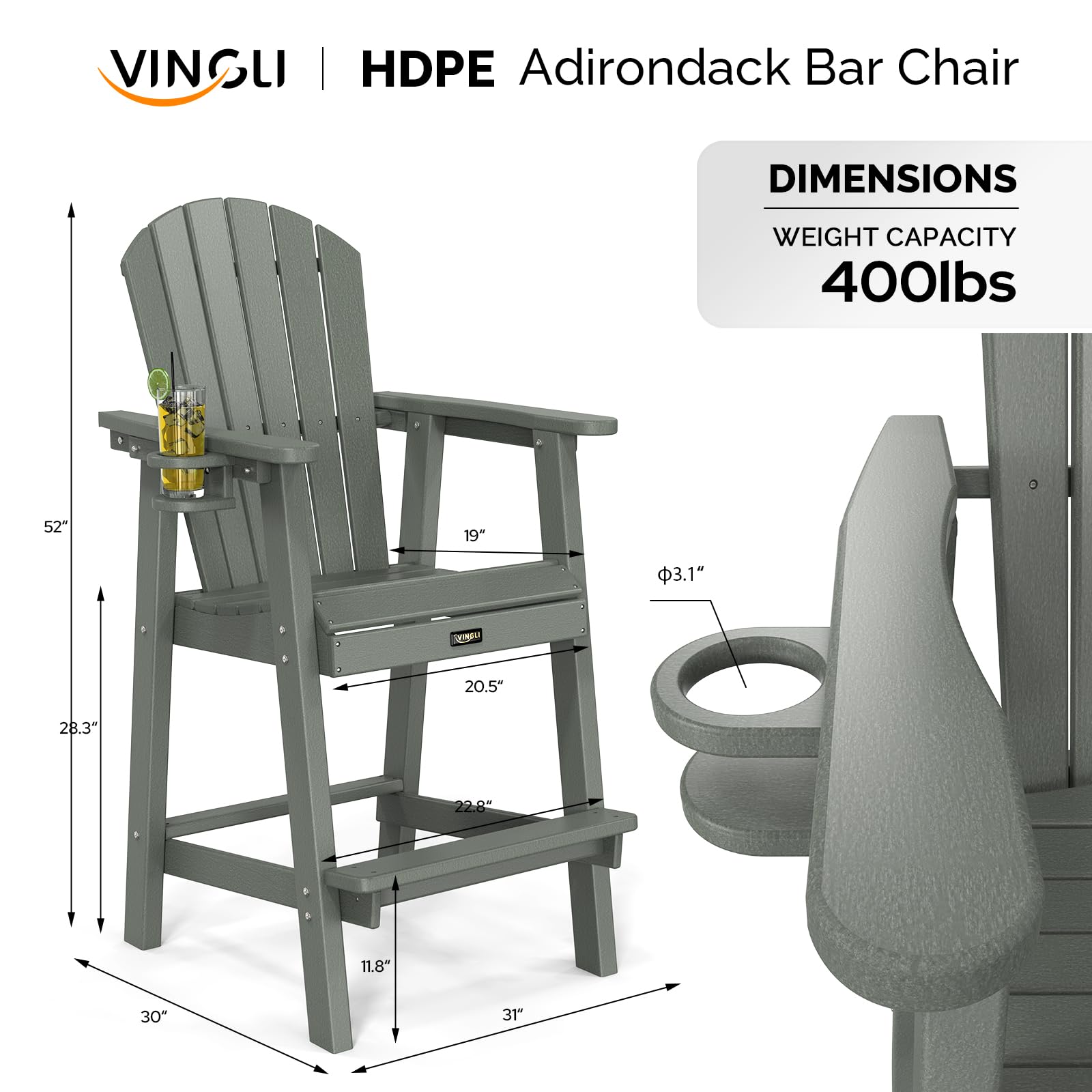 HDPE Adirondack Bar Stools with Cup Holder Grey