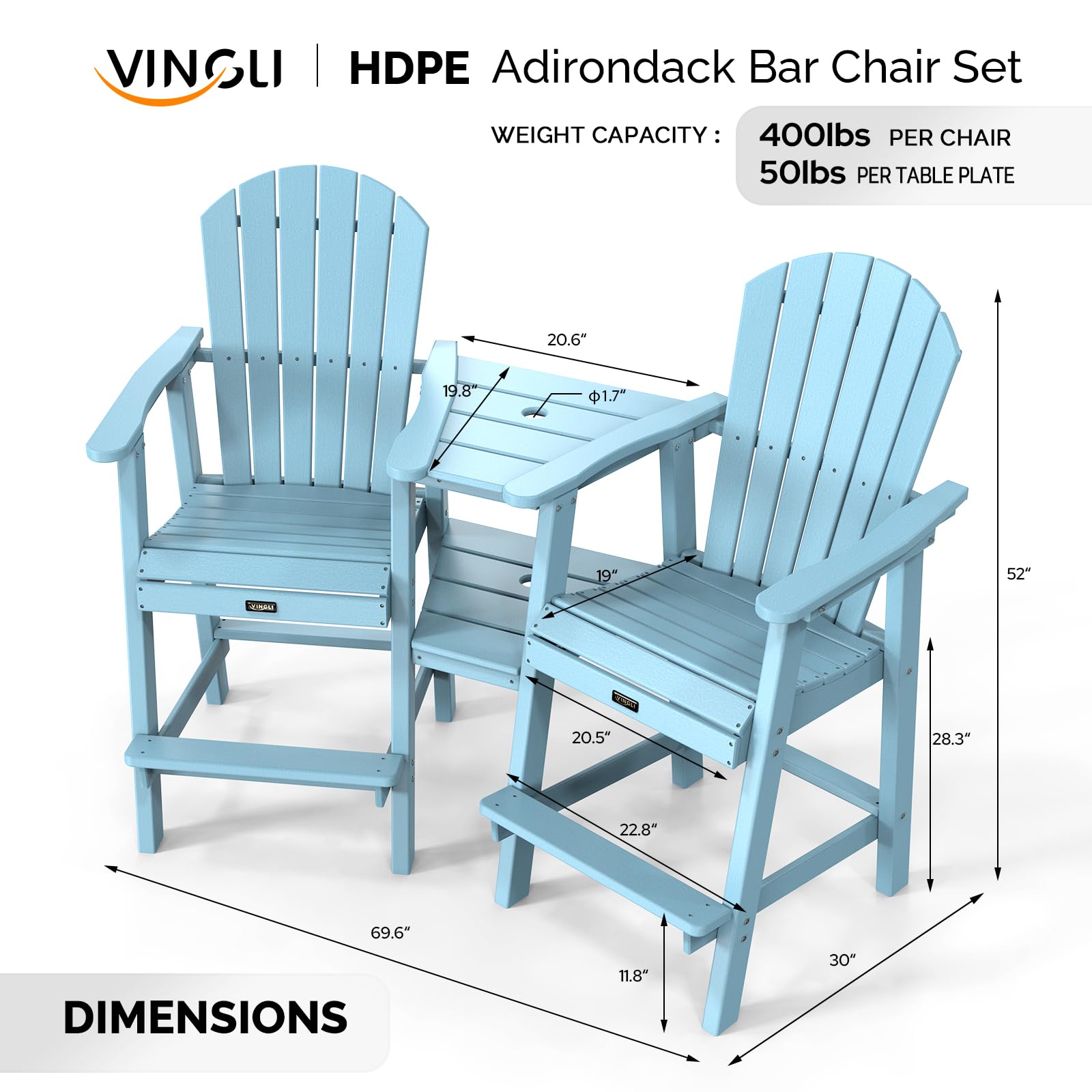 HDPE Adirondack Bar Stool Set with Detachable Tray Blue