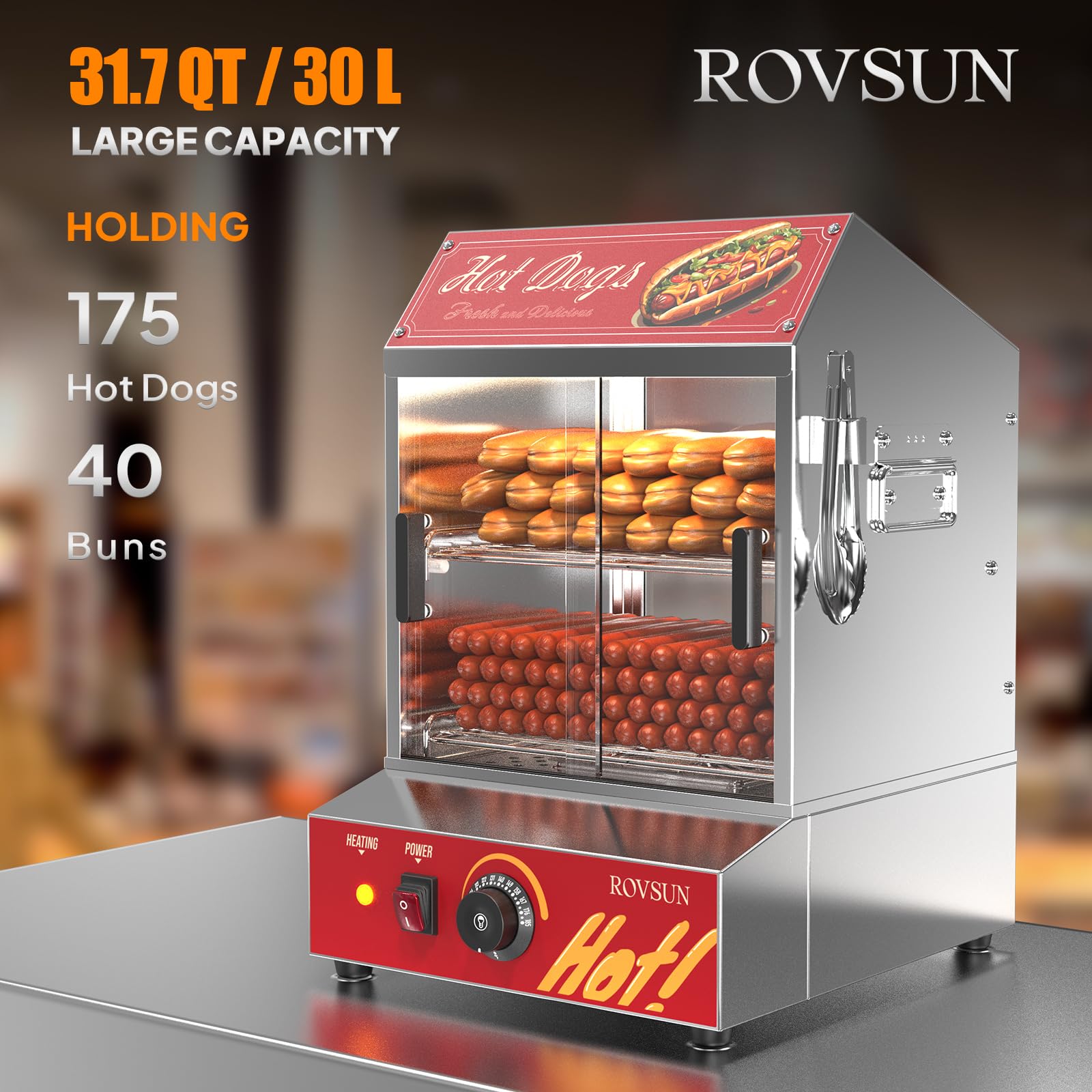 ROVSUN 31.7 QT 500W 110V 175 Hot Dogs / 40 Buns Hot Dog Steamer