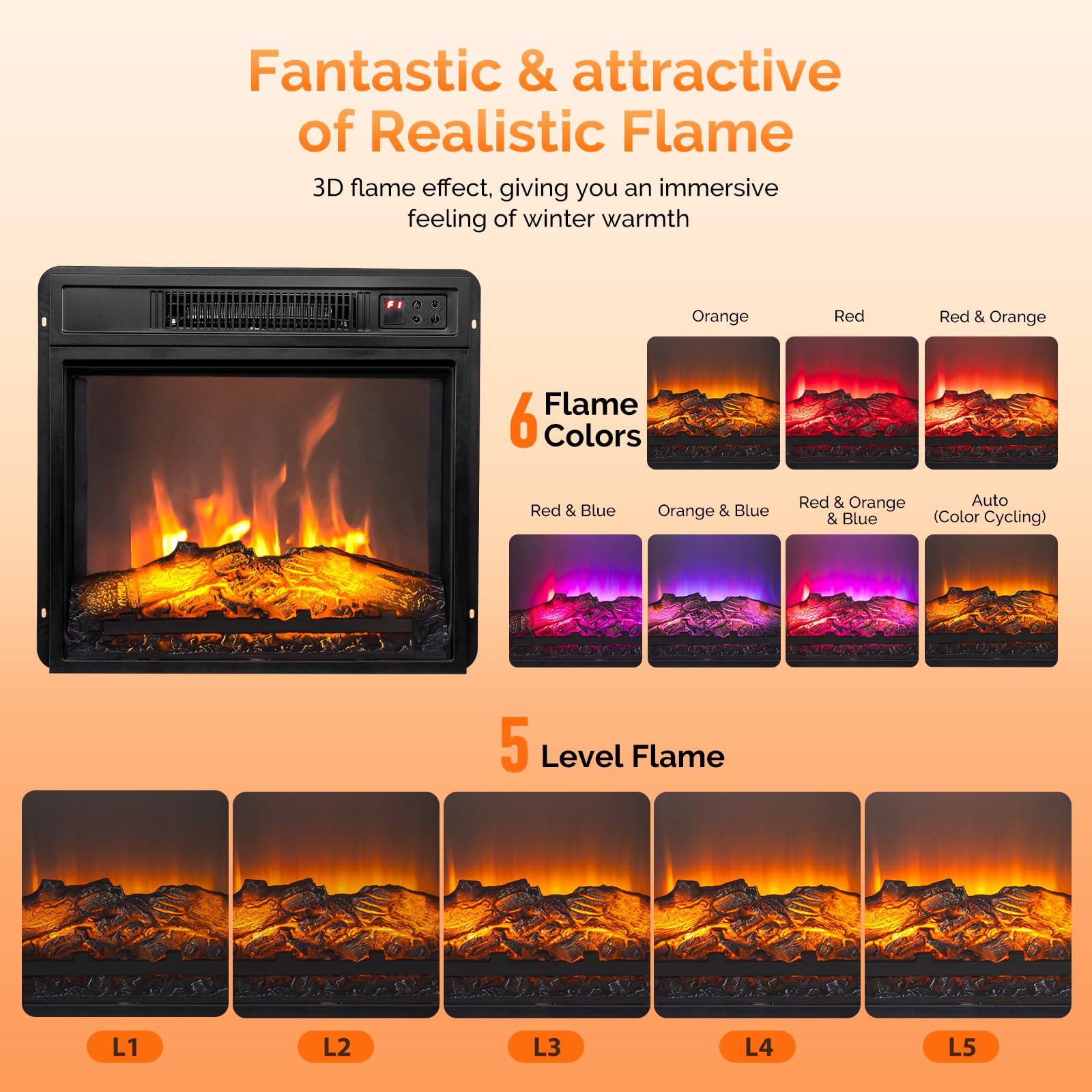 ROVSUN 18'' 1400W 120V Electric Fireplace Inserts with APP & Remote