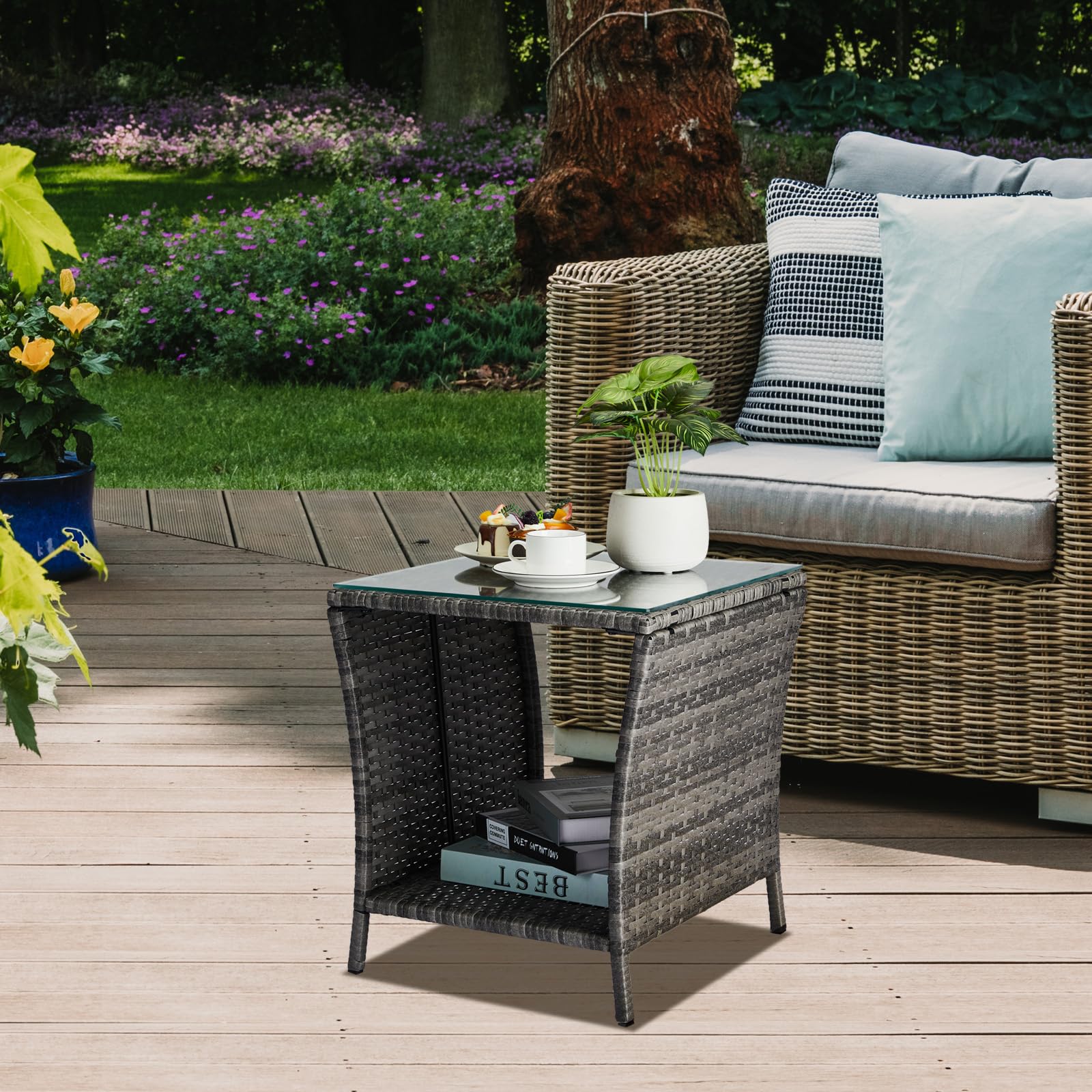 Outdoor Wicker Side Table with Storage Grey