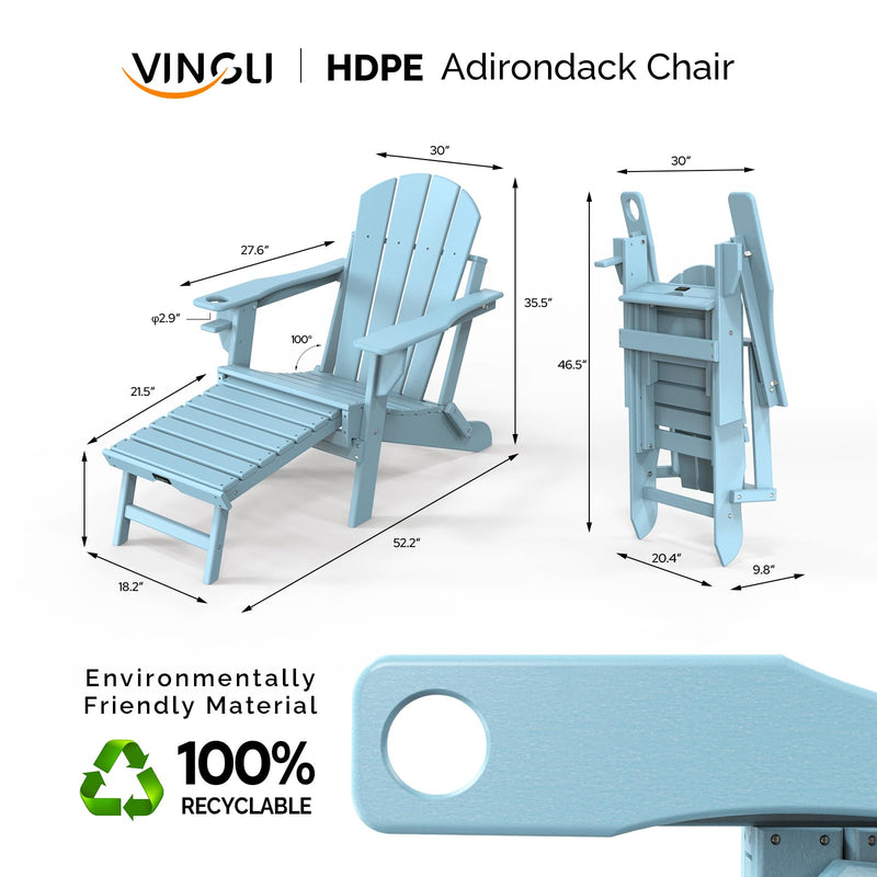 Plastic Folding HDPE Adirondack Chair with Ottoman Blue