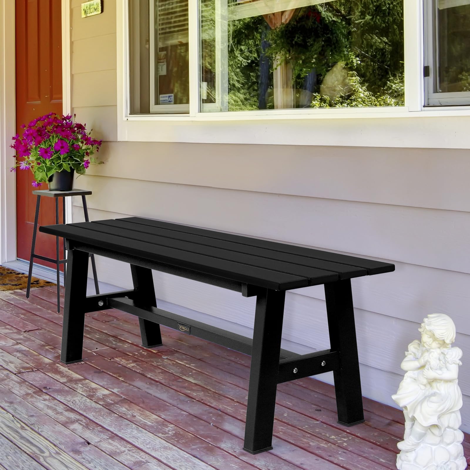 47 Inch HDPE Outdoor Bench with Metal Legs Black