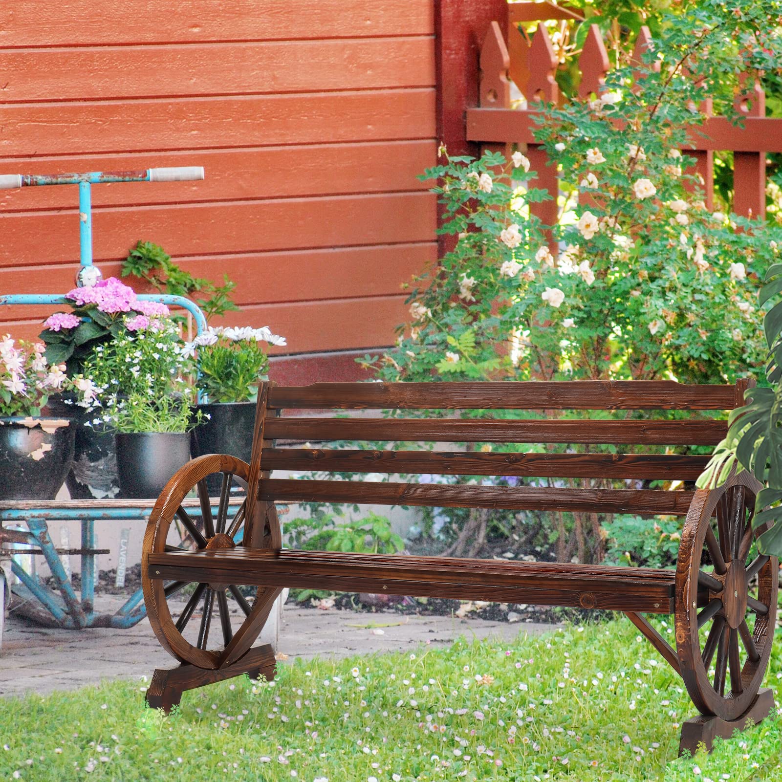 55 Inch Outdoor Bench with Rustic Wooden Wheel