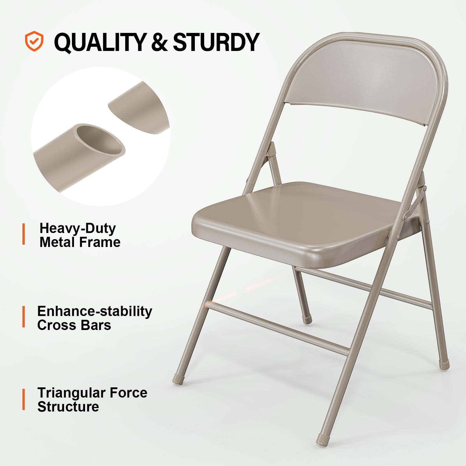 Folding Chairs with All Steel Metal Frame Khaki