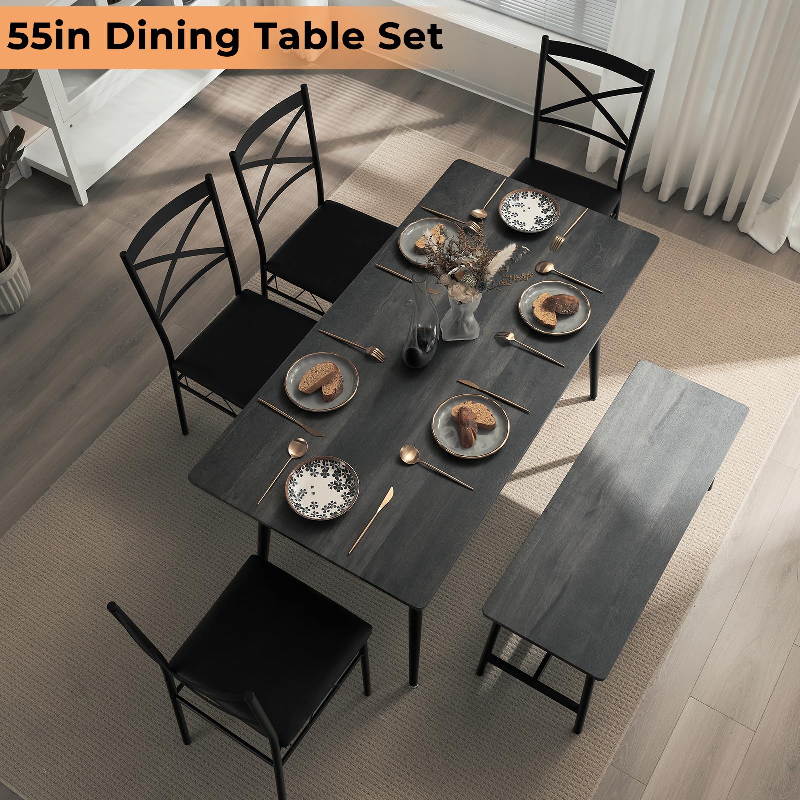 6 Piece Dining Set Wooden Table and 4 Upholstered Chairs & Bench Dark Grey