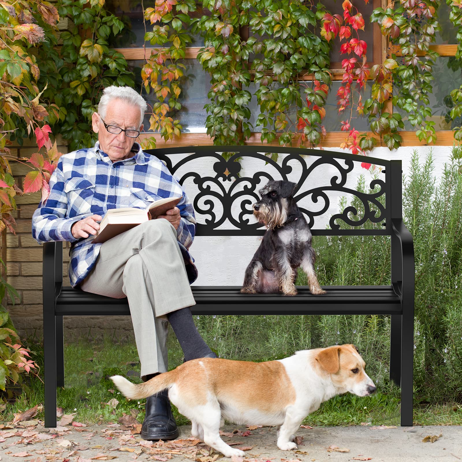 50 Inch Outdoor Bench Metal with Floral Back