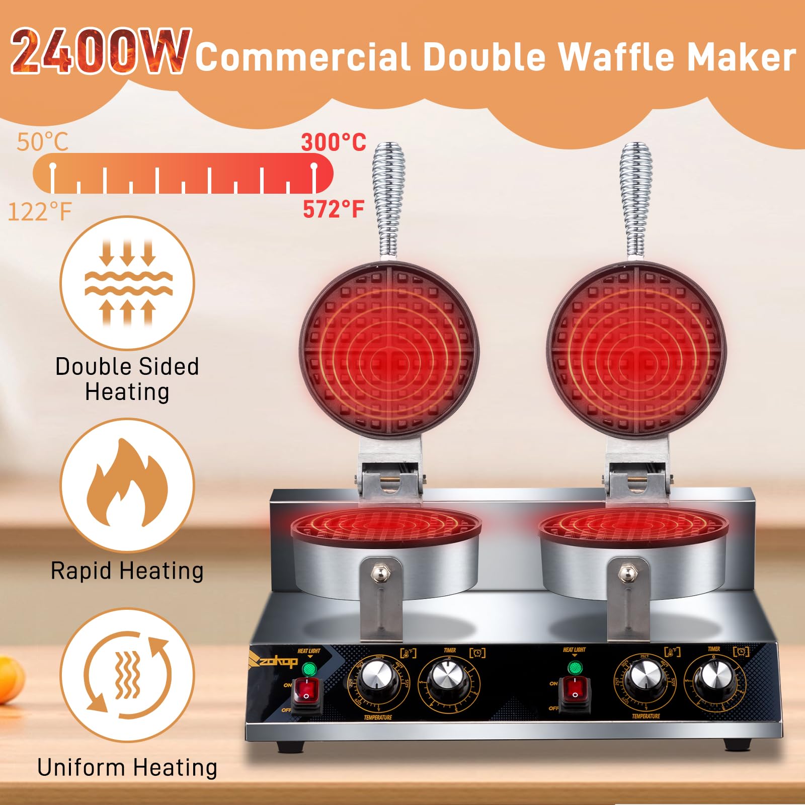 ZOKOP 2400W 110V Double Head Round Waffle Maker