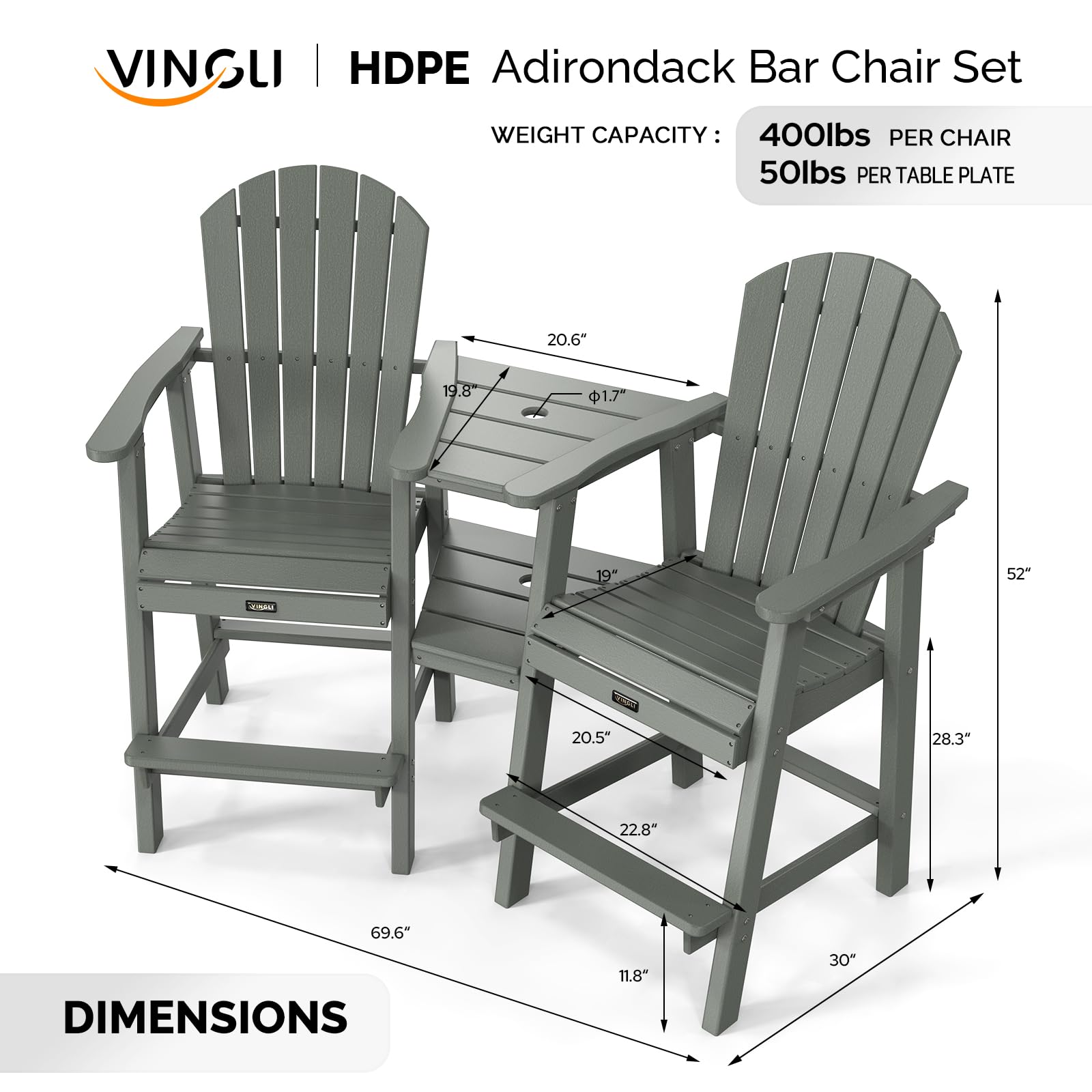 HDPE Adirondack Bar Stool Set with Detachable Tray Grey