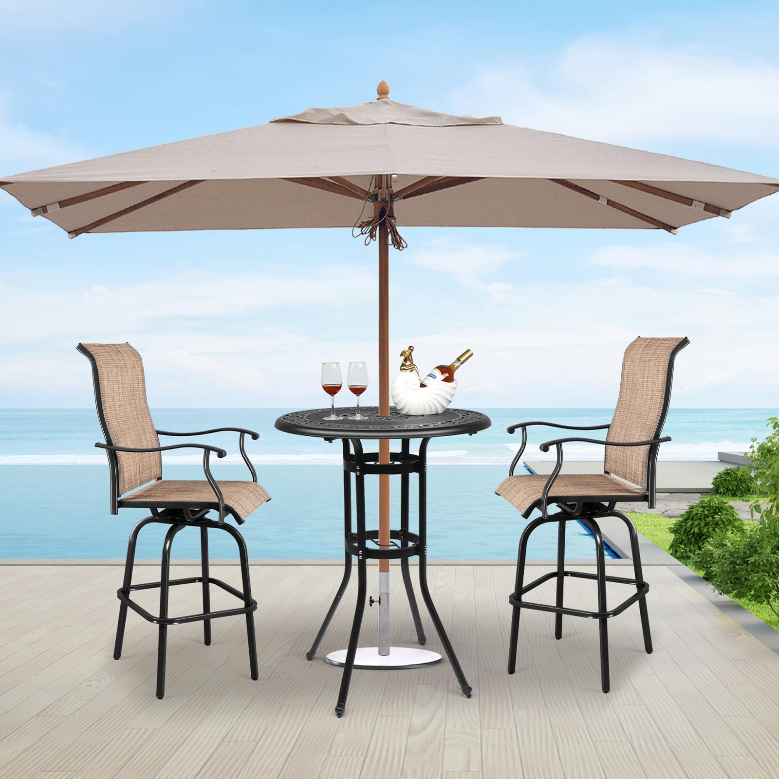 32 Inch Round Outdoor Bar Table with Umbrella Hole Black