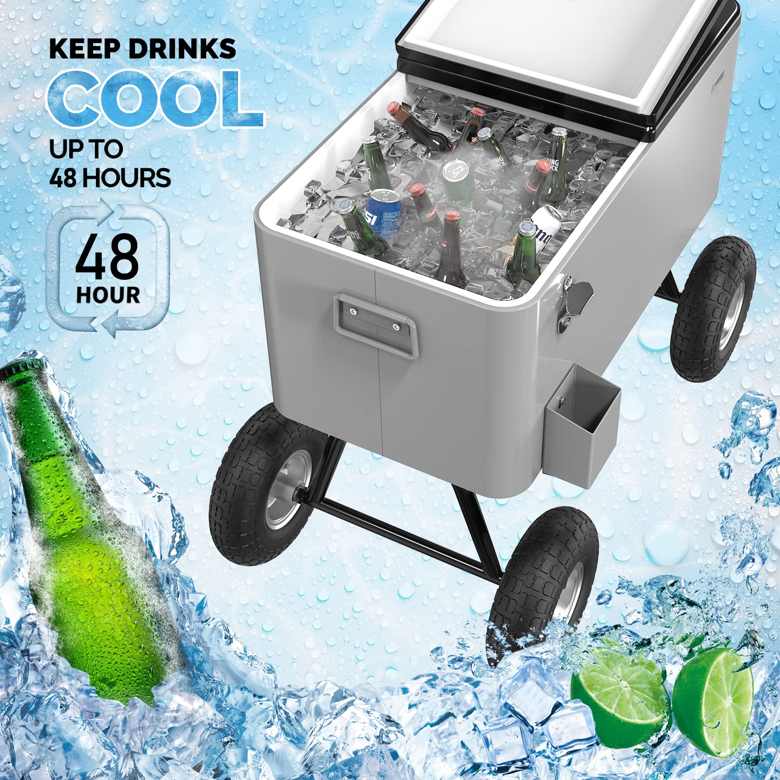 80 Quart Wagon Rolling Cooler Ice Chest with 10" Wheels Grey