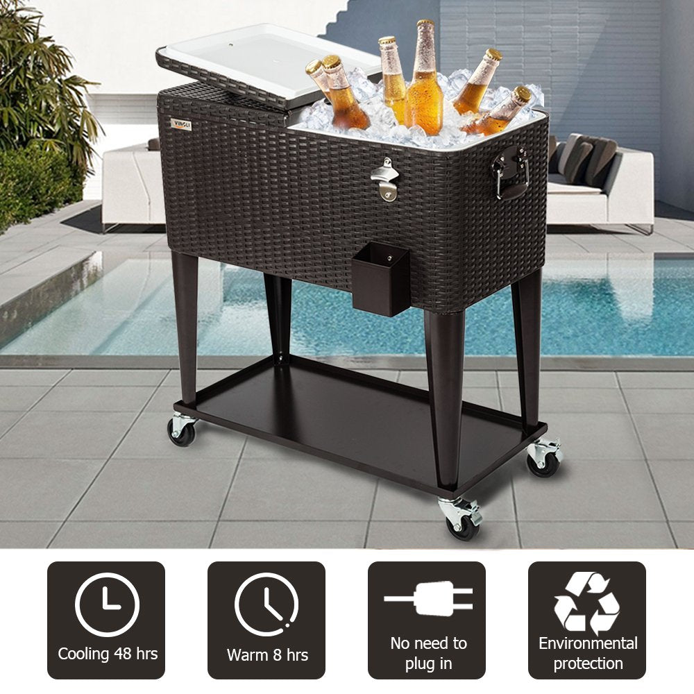 80 Quart Portable Outdoor Patio Rooling Cooler Cart Black Brown