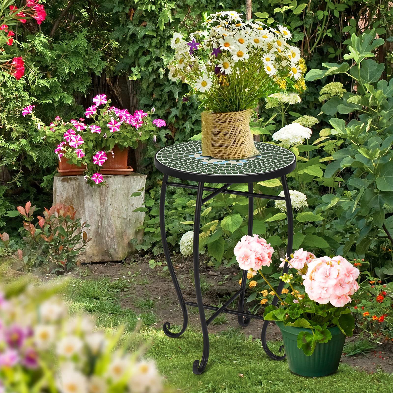 14 Inch Round Mosaic Outdoor Side Table Green Garden