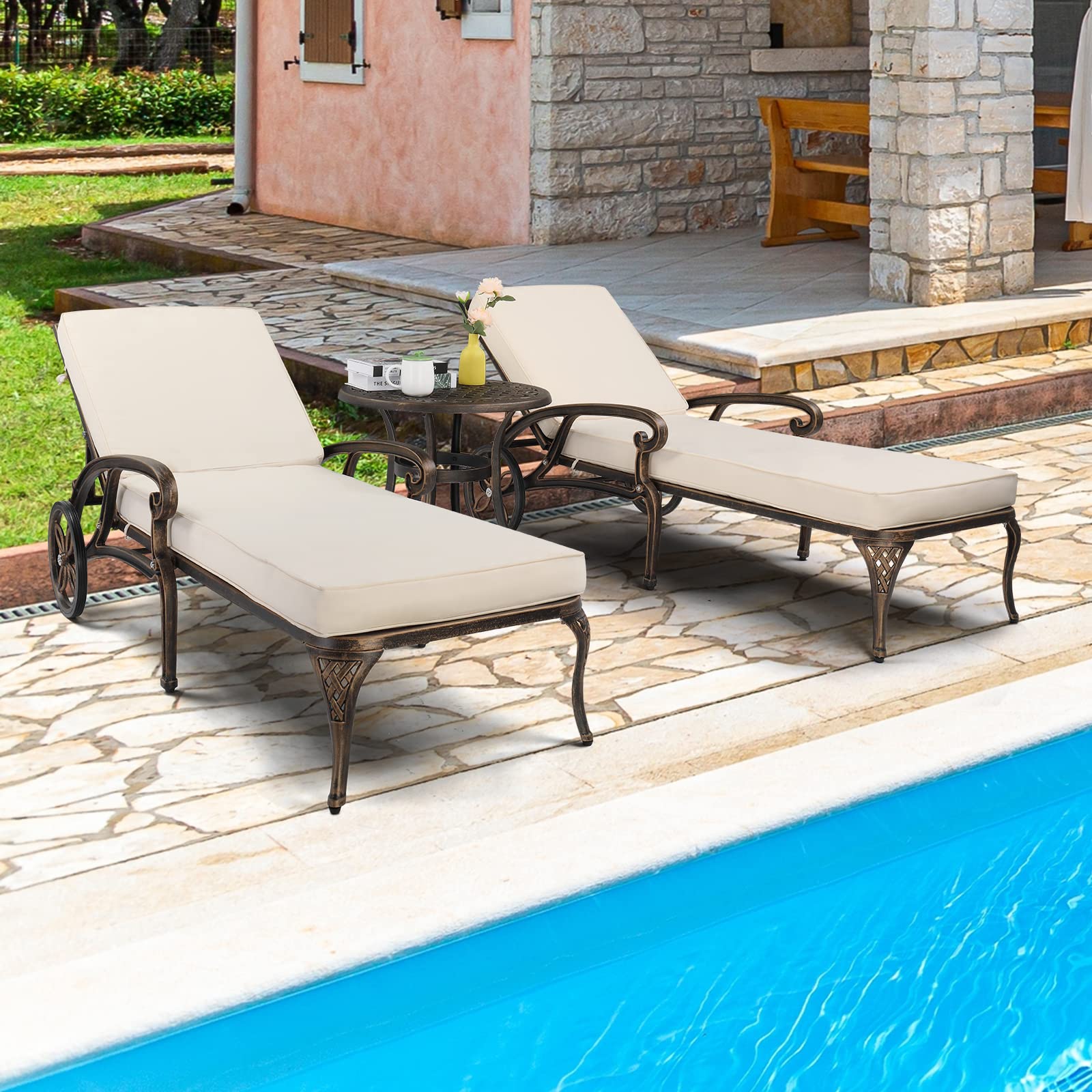 VINGLI Cast Aluminum Outdoor Chaise Lounge Chair with Cushion Bronze