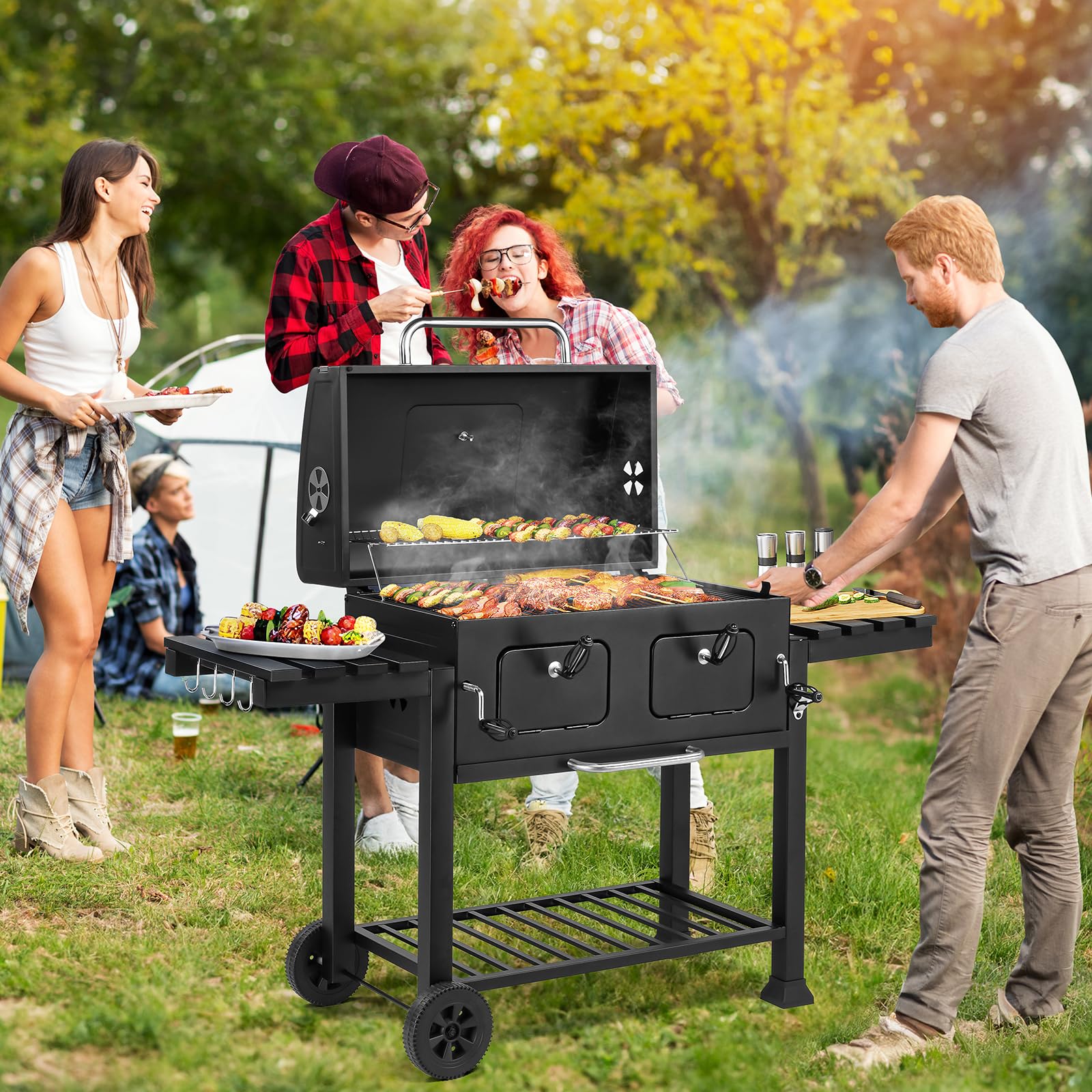 ROVSUN 37.4" Charcoal Grill with Two Foldable Side Tables