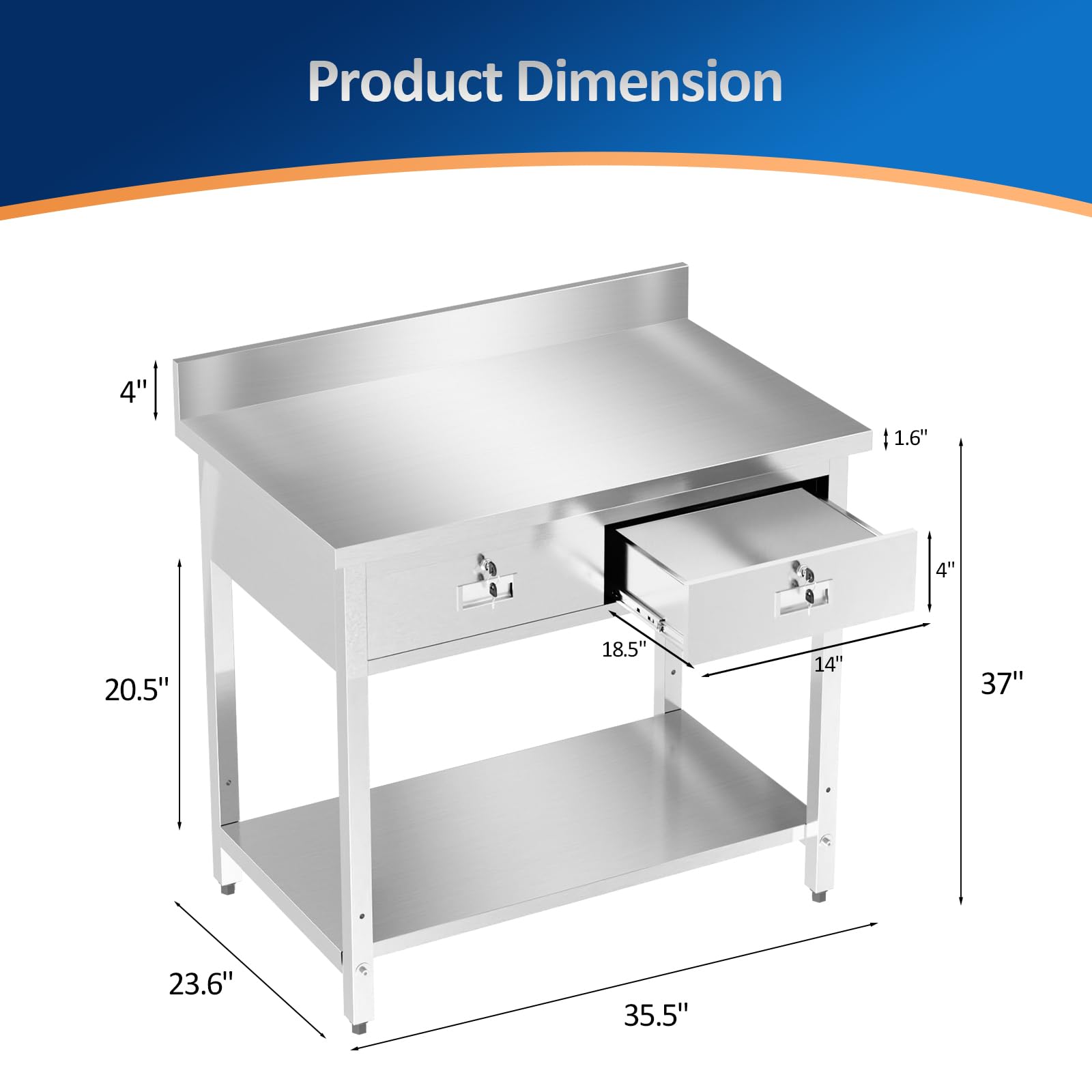 ROVSUN 36 x 24 Inches Stainless Steel Table with 2 Drawers