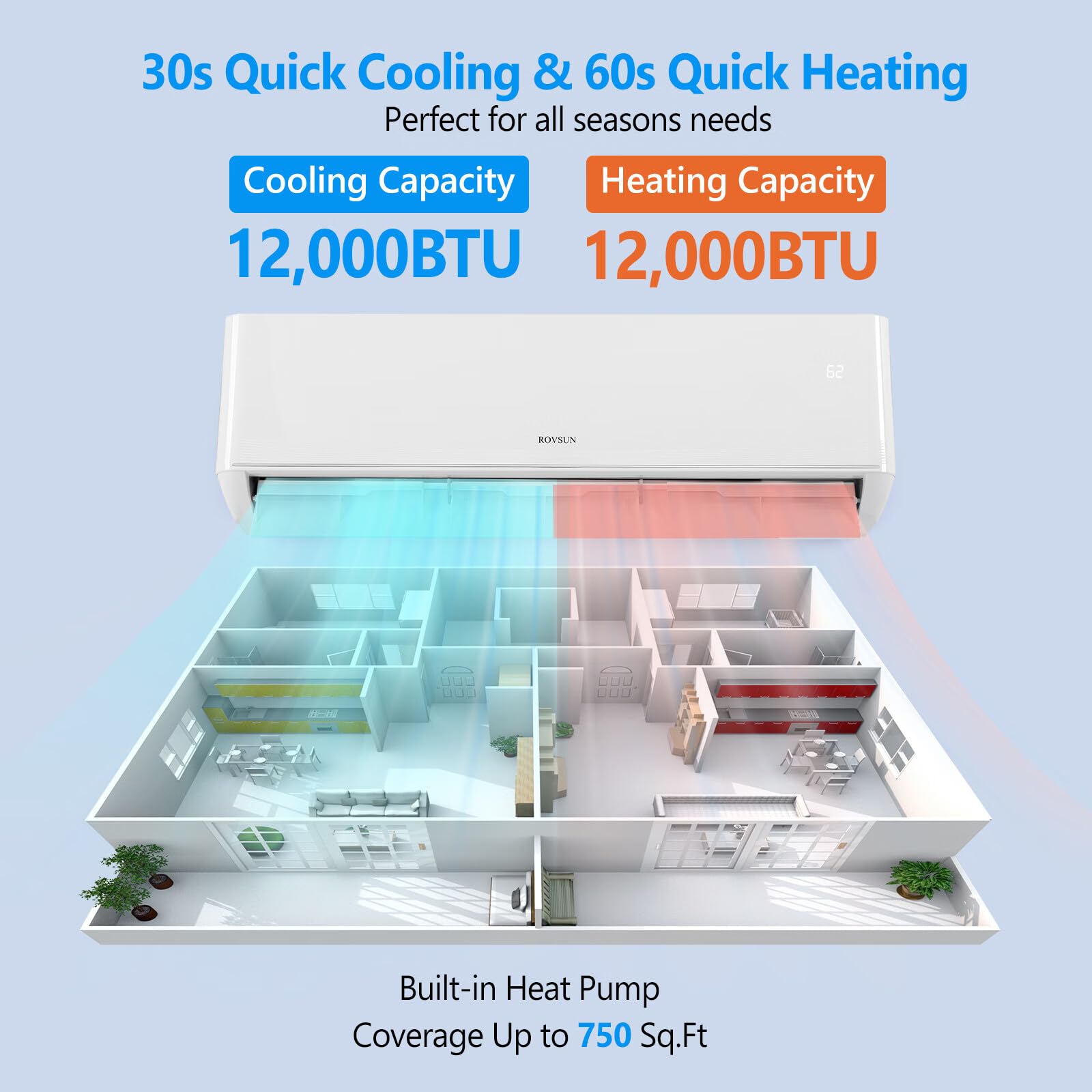 ROVSUN 12000 BTU 22 SEER2 115V Wifi Enabled Ductless Mini Split Air Conditioner with Heat Pump Inverter & Install Kit