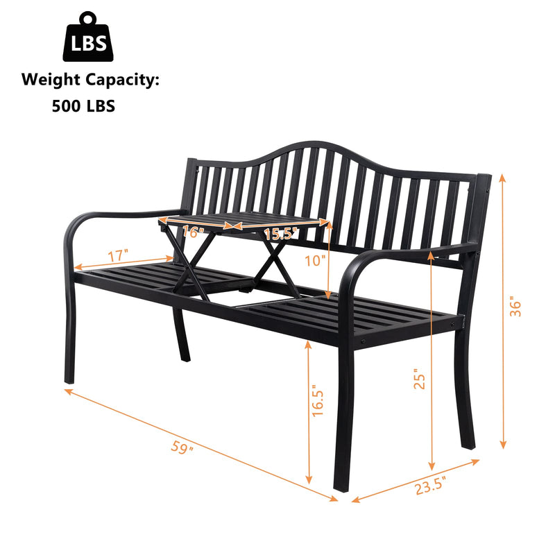 59 Inch Outdoor Bench Metal with Built in Table