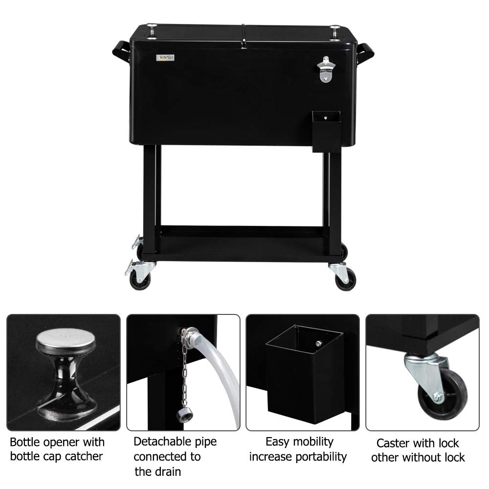 80 Quart Portable Outdoor Patio Rooling Cooler Cart Black