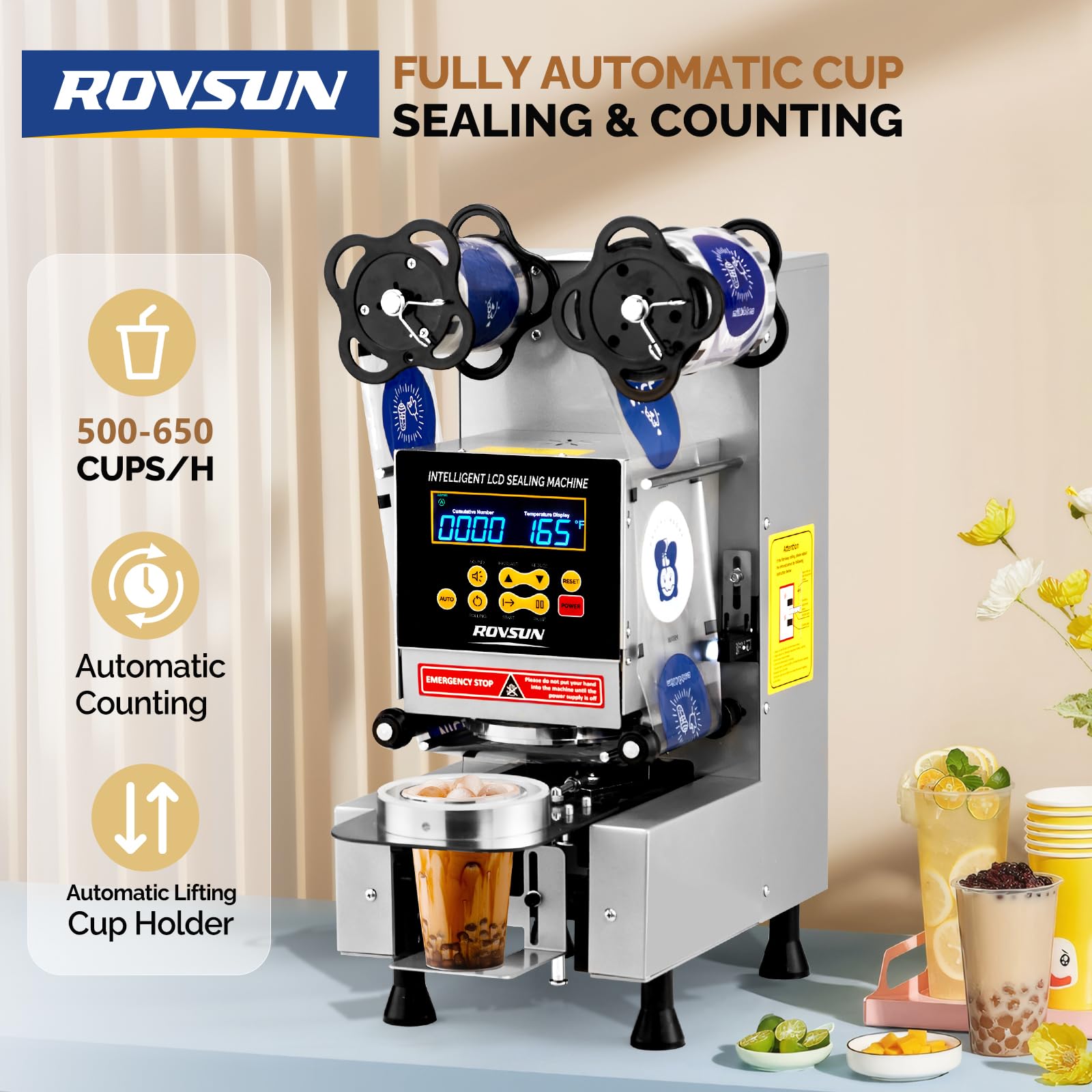 ROVSUN 350W 110V Automatic Cup Sealing Machine with LCD Intelligent Display Silver